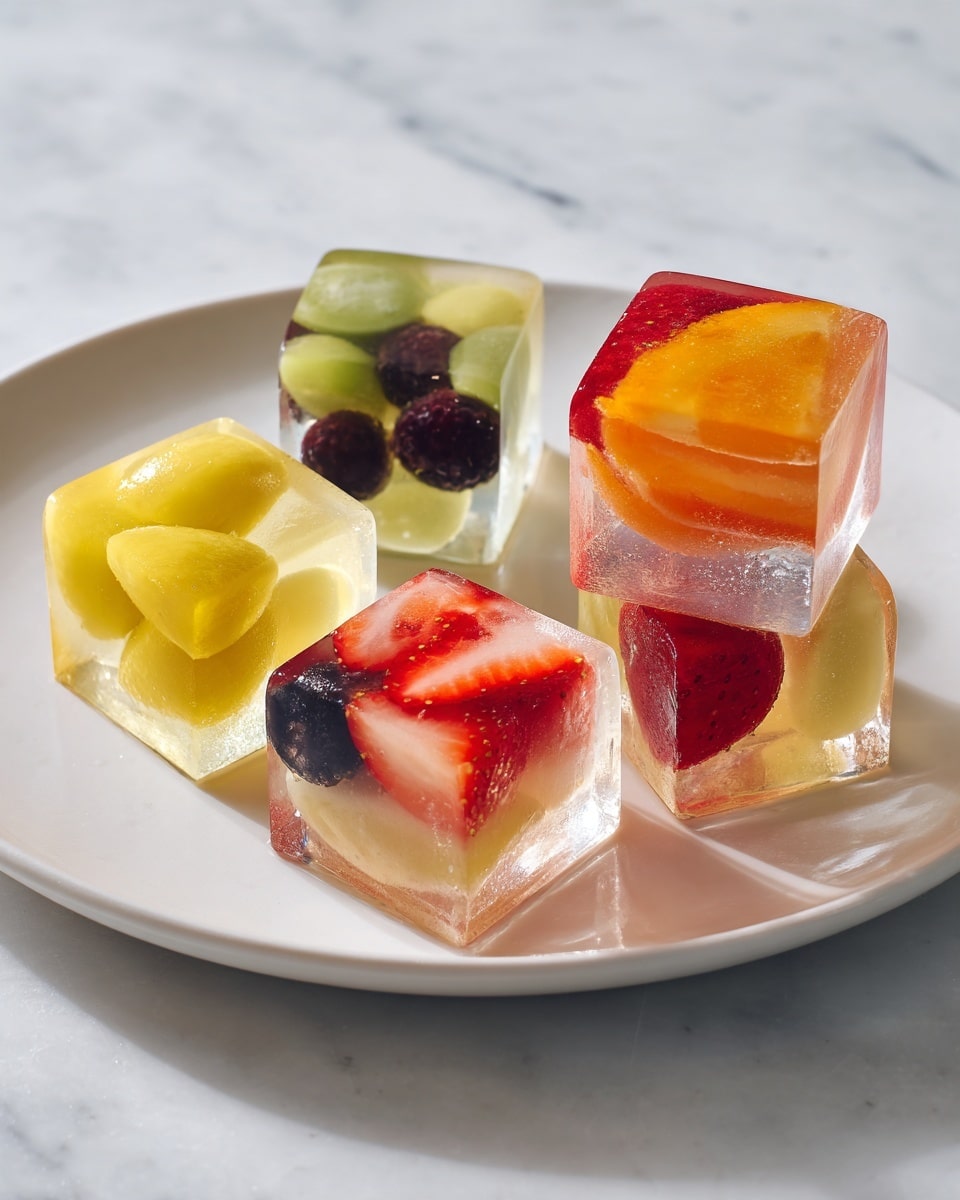 The image shows six clear jelly blocks, each with different fruits inside, arranged on a white plate over a white marbled surface. The jelly blocks look smooth and slightly shiny. The first block on the left has yellow fruit slices inside. The second block next to it has round dark berries. The third block at the top has red and yellow fruit slices, looking layered with a smooth, rounded top. The fourth block stacked on the right has a small dark fruit inside with an orange section visible at the base. Another block below it shows light yellow fruit pieces. The last block on the far right has a strawberry slice inside. All blocks are transparent, showing the colors and textures of the fruits inside clearly. Photo taken with an iphone --ar 4:5 --v 7