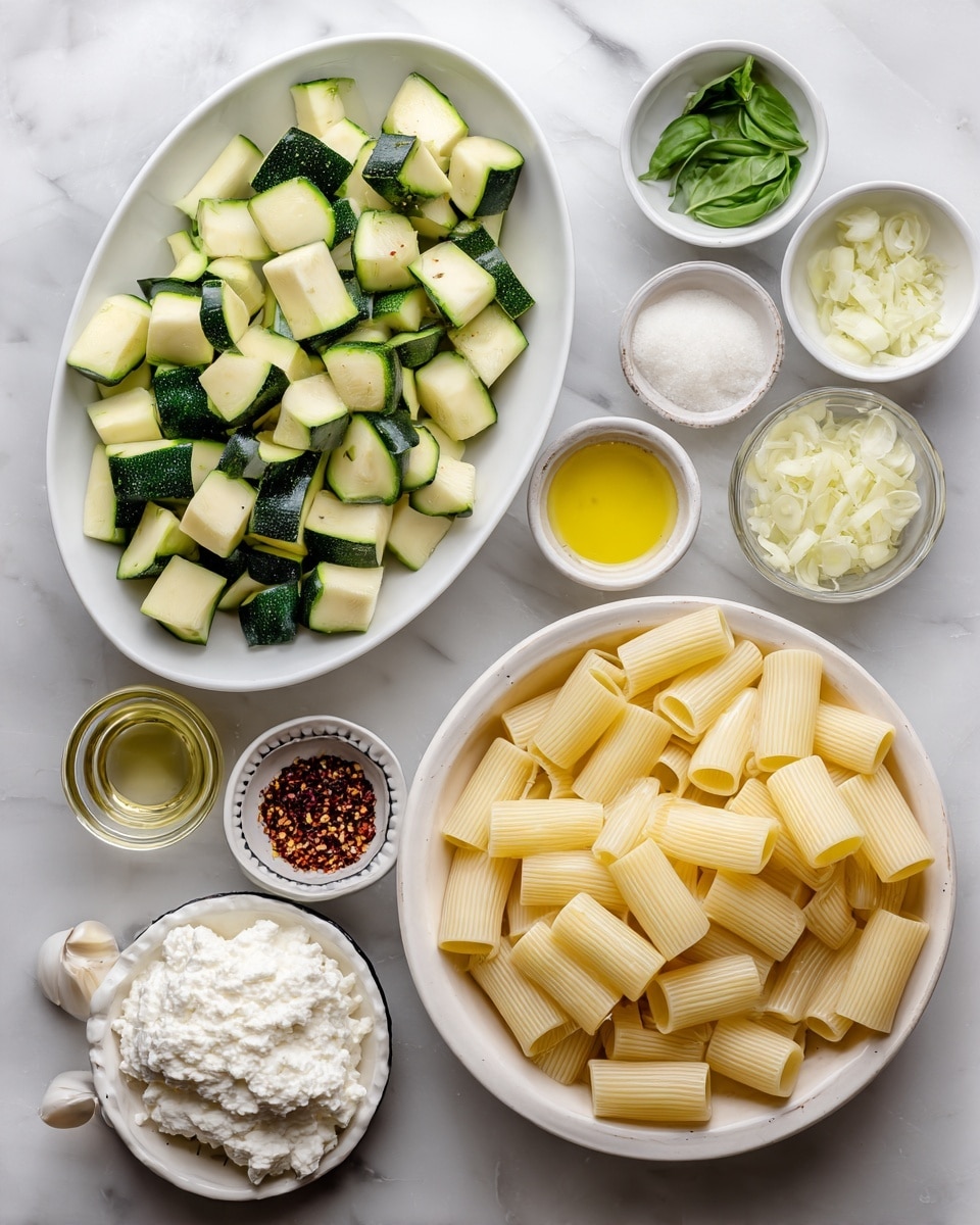 The image shows a white oval plate filled with chopped green zucchini pieces in the center-left. To the right, there is a white bowl filled with uncooked rigatoni pasta with a yellow color. Around these two main dishes, there are small white bowls and measuring cups containing various ingredients: chopped shallots in a slightly uneven white bowl at the top right, ricotta cheese in a small white bowl with a black rim next to the pasta, minced garlic in a small smooth white bowl above the ricotta, olive oil in a small white bowl with a textured edge, salt and pepper in a small white bowl, red pepper flakes in a dark grey bowl, grated Parmesan cheese in a white measuring cup, lemon juice in a small white bowl, and chopped basil in a white measuring cup. All items are set on a white marbled surface. Photo taken with an iphone --ar 4:5 --v 7