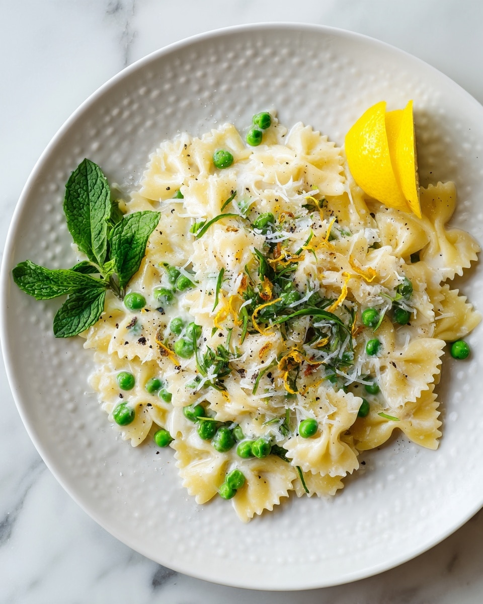 A white round plate with small raised dots holds a creamy bowtie pasta dish with three main layers: at the base, pale yellow bowtie pasta mixed with bright green peas; on top, a glossy white cream sauce evenly covering the pasta with sprinkle of shredded white cheese; scattered green herb leaves and small bits of fried onion add texture, finished with a sprinkle of coarse black pepper and lemon zest. Fresh green mint leaves and a small twist of yellow lemon peel rest on one side of the plate, all set on a white marbled surface. photo taken with an iphone --ar 4:5 --v 7