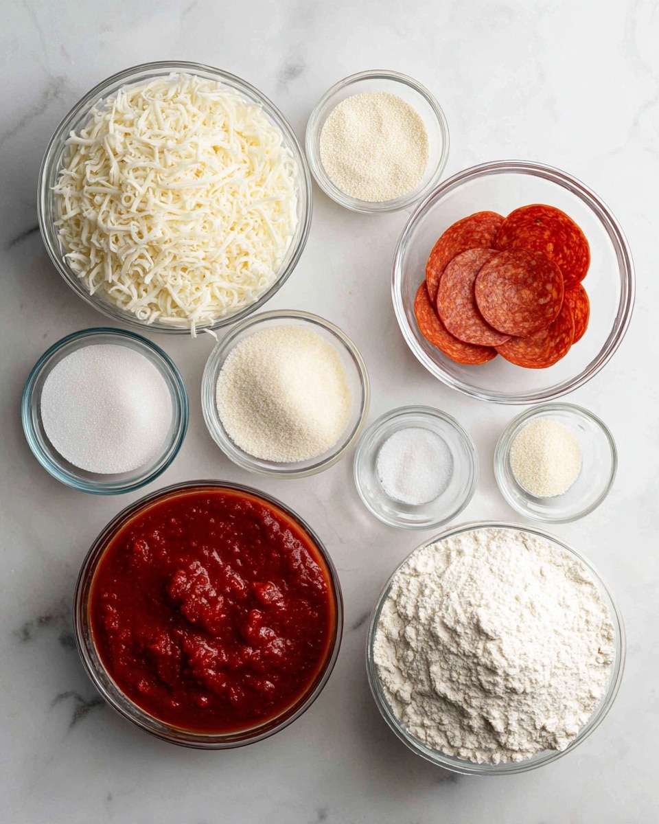 A white marbled surface holds eight clear glass bowls of different sizes, each with one ingredient. One large bowl on the right side is filled with white flour with a smooth texture. On the left side, there is a large bowl with shredded white cheese with fine strands. Near the center, a medium bowl is full of rich red tomato sauce with a smooth and thick look. Smaller bowls are around these main ones: one has thin slices of bright orange pepperoni, another holds transparent water, and three tiny bowls contain white granulated sugar, light beige yeast, and fine white salt. The clear glass bowls create a clean and fresh look against the white marbled background. photo taken with an iphone --ar 4:5 --v 7