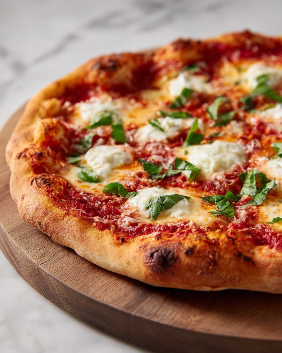 The image shows a close-up of a freshly baked Margherita pizza on a round wooden board. The pizza has a golden-brown crust with slightly charred spots and a soft, airy texture. The first layer is a bright red tomato sauce spread evenly on the dough. The second layer consists of white melted cheese blobs melted softly in uneven patches. On top, there are fresh green basil leaves scattered across the pizza. The background is a white marbled surface. Photo taken with an iphone --ar 4:5 --v 7