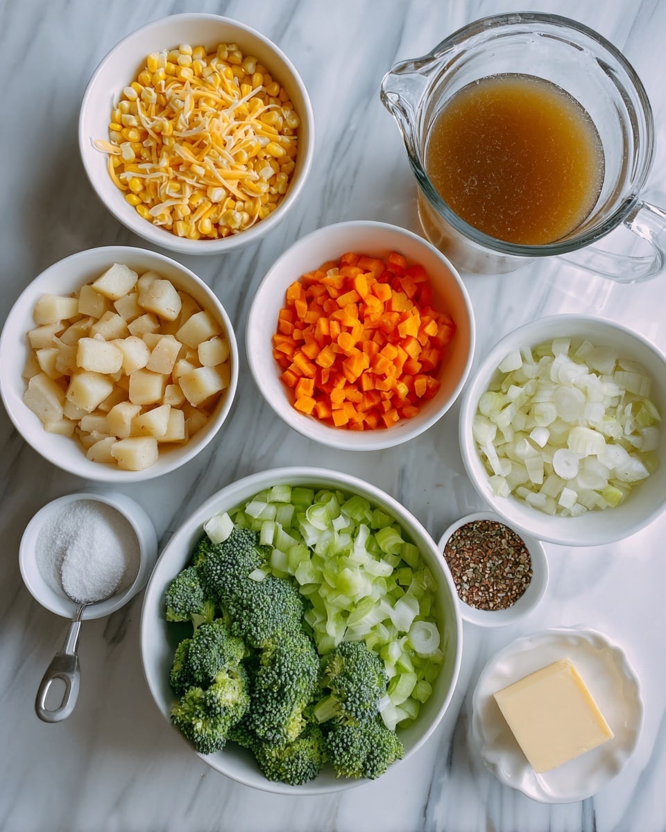 The image shows several white bowls and a glass cup on a white marbled surface. There is a bowl of yellow corn kernels, a bowl of shredded orange cheese, a bowl with mixed seeds or spices, and a bowl of green broccoli florets. Another bowl contains chopped white onions, chopped orange carrots, and chopped green celery, all layered together. A bowl in the center has small, light golden potato cubes. A glass cup filled with brown broth is placed next to the bowls. There is also a white measuring cup with white powder and a small square of butter on the surface. photo taken with an iphone --ar 4:5 --v 7