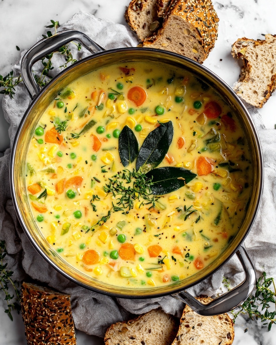 A pot filled with creamy soup that has visible pieces of orange carrot, green peas, and bits of yellow cornfloating in a thick light yellow broth. Two large dark green bay leaves float on top, with a sprinkle of chopped green herbs in the center. The pot rests on a crumpled light gray cloth on a white marbled surface. Slices of multigrain bread with seeds are placed around the pot. Photo taken with an iphone --ar 4:5 --v 7