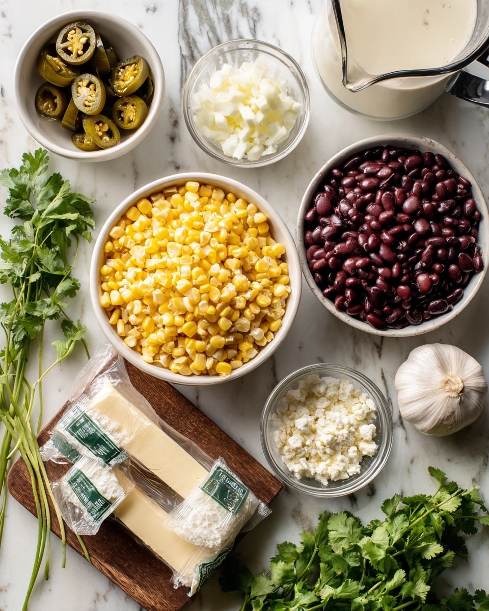 The image shows a fresh mix of ingredients on a white marbled surface. In the center, a white bowl is full of bright yellow corn kernels. To the top left of the corn is a small white bowl holding slices of dark green jalapeño peppers. Beside this is a white bowl filled with dark red beans. A clear glass bowl with finely chopped garlic sits next to the beans. Near the garlic bowl are two small rectangular sticks of salted butter with white wrapping and green labels. Above the butter is a clear measuring cup with a creamy white liquid inside. To the left is a small white bowl with chopped white onions. The bottom left corner of the image shows fresh green cilantro leaves in a bunch. A silver metal cup filled with crumbly white cheese is positioned near the cilantro. A whole head of garlic is placed near the cheese. The right side of the image shows part of a black kitchen blender. A wooden board beneath the bowls holds some of the items. All is arranged softly in natural light. Photo taken with an iphone --ar 4:5 --v 7