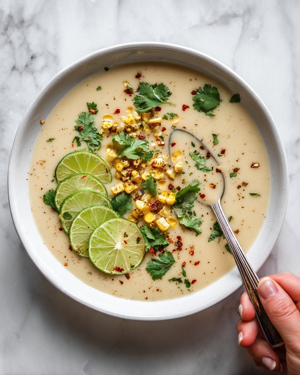 The image shows a white bowl filled with a creamy soup that has a light beige color and a smooth texture. On the top surface, there are several thin slices of green lime arranged in a fan shape on one side, bright green leaves of cilantro placed near the lime slices, and small clusters of golden yellow roasted corn scattered mostly in the middle. Red chili flakes and green herbs are sprinkled lightly across the soup's surface for added color. A large silver spoon is dipping into the soup from the right side, with a woman's hand holding it, its handle partially visible. The bowl sits on a white marbled surface, and the whole scene is bright and fresh with natural light. photo taken with an iphone --ar 4:5 --v 7