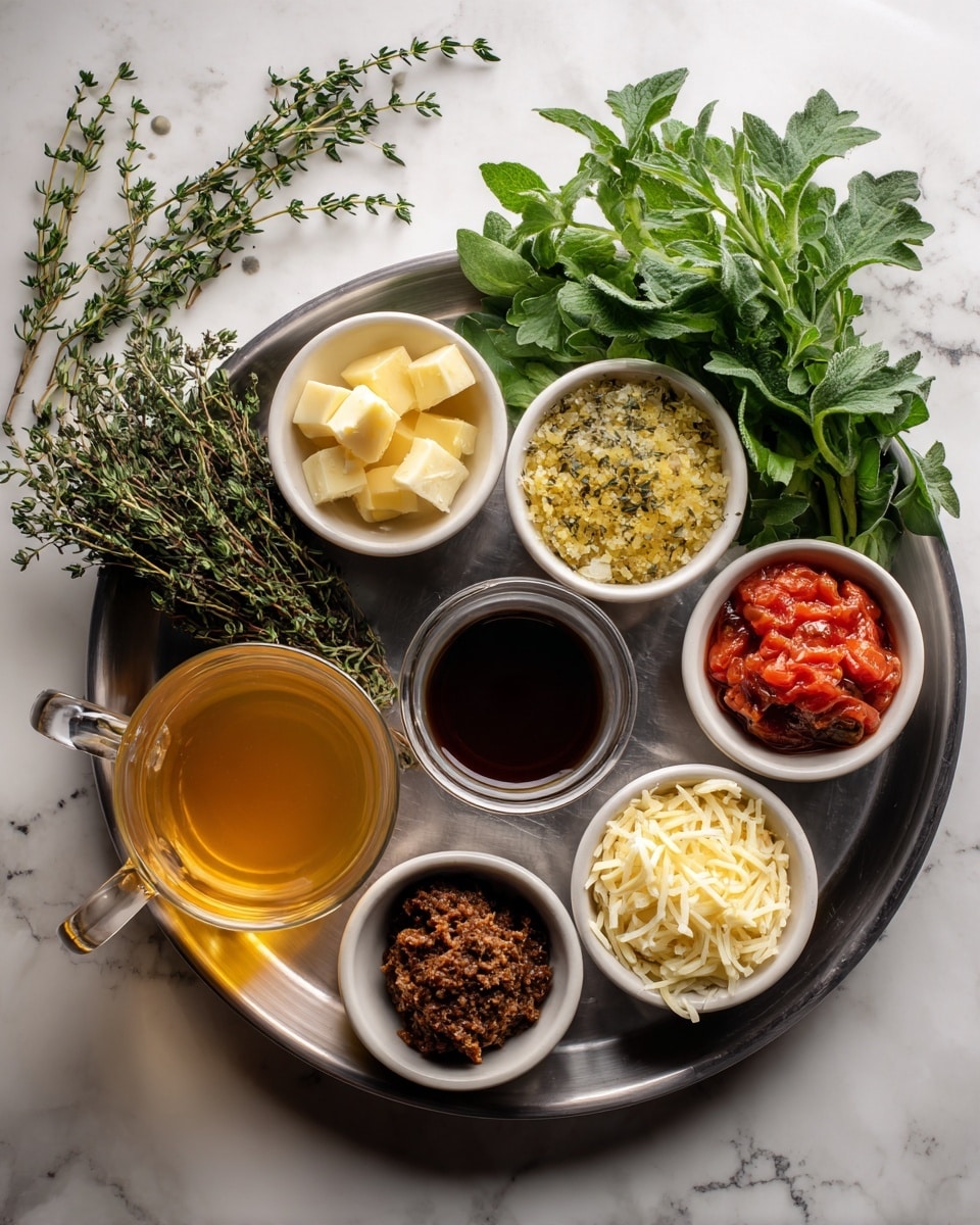 The image shows a metal tray on a white marbled surface holding several small white bowls with different ingredients. There are yellow butter cubes in one bowl, a bowl with a yellow grainy mixture in the center, and a bowl of dark brown liquid near the top right. Fresh green leafy herbs are placed on the left side of the tray, while next to them is a small bowl of red chopped tomatoes. Another bowl holds a brown textured paste, and in the lower right corner is a bowl with light yellow shredded cheese. In the bottom left corner, there is a clear glass mug with golden broth. A sprig of fresh thyme or similar herbs rests near the bowl with chopped tomatoes. Photo taken with an iphone --ar 4:5 --v 7