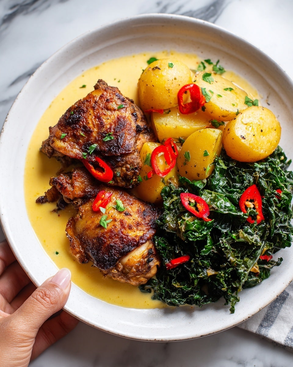 A white plate holds a serving of cooked dark meat chicken thighs with a crispy brown skin, placed over some soft yellow roasted potatoes that have a few slices of red chili on them. To one side, there is a creamy yellow sauce with small green herbs in it. On the other side of the plate, there is a portion of cooked dark green kale with pieces of red chili mixed in. The plate sits on a white marbled surface. A woman's hand is touching the edge of the plate photo taken with an iphone --ar 4:5 --v 7