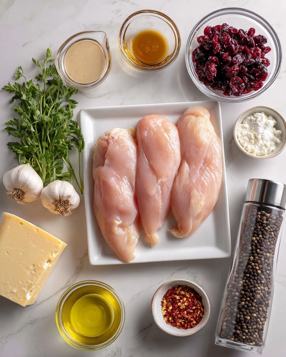 The image shows four raw chicken fillets placed side by side on a white rectangular plate in the center. Above the plate are three small glass bowls with different ingredients: a light brown liquid, a creamy white sauce, and dark red dried berries. To the left of the plate are fresh green herbs and two garlic cloves. Below the plate, from left to right, are a block of pale yellow cheese, a small glass bowl with golden olive oil, a small bowl of white salt, and a small bowl with red chili flakes. To the right of the plate is a tall transparent pepper grinder filled with black peppercorns. All items are arranged neatly on a white marbled surface. Photo taken with an iphone --ar 4:5 --v 7