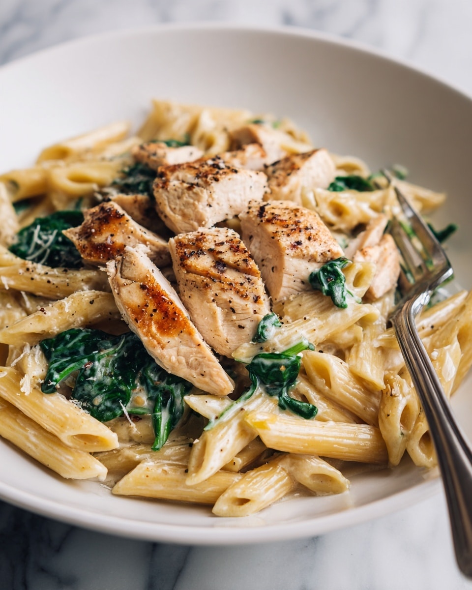 A white bowl filled with cooked penne pasta coated in a light creamy sauce mixed with green spinach leaves scattered throughout. On top, sliced pieces of golden-brown cooked chicken are arranged, showing a juicy, tender inside. The dish is sprinkled with some grated cheese and black pepper. A fork is placed inside the bowl on the right side. The bowl rests on a white marbled surface. Photo taken with an iphone --ar 4:5 --v 7