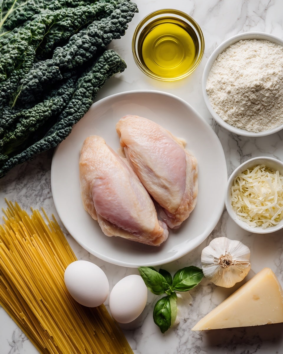 The image shows two raw chicken pieces placed in the center of a white plate. Around the plate, there are dark green kale leaves to the left, a small amount of grated cheese in a white bowl to the right, and a glass bowl of clear olive oil above the plate. On the top right, there is a small bowl of white flour, while some fresh green herbs are arranged nearby. Below the plate, dried spaghetti is fanned out on a white marbled surface, with two eggs, garlic cloves, a small bowl of white sauce, and a block of cheese arranged around it. Photo taken with an iphone --ar 4:5 --v 7