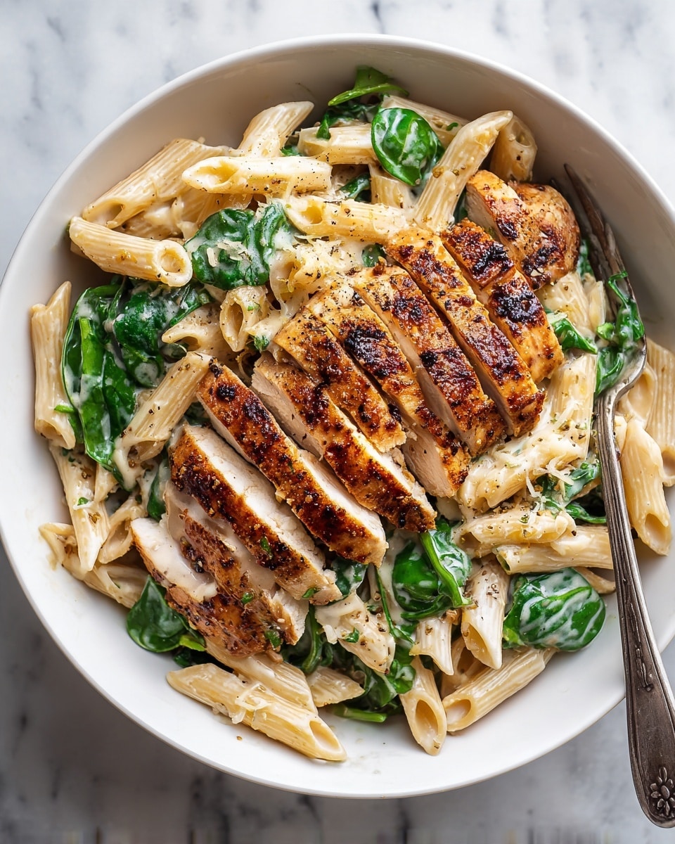 A white bowl filled with creamy penne pasta mixed with green spinach leaves, topped with several slices of golden brown grilled chicken arranged on one side. The pasta is creamy light brown, speckled with herbs, and the chicken slices have visible grill marks and a seasoned crust. A silver fork rests inside the bowl, partially digging into the pasta. The dish sits on a white marbled surface. photo taken with an iphone --ar 4:5 --v 7