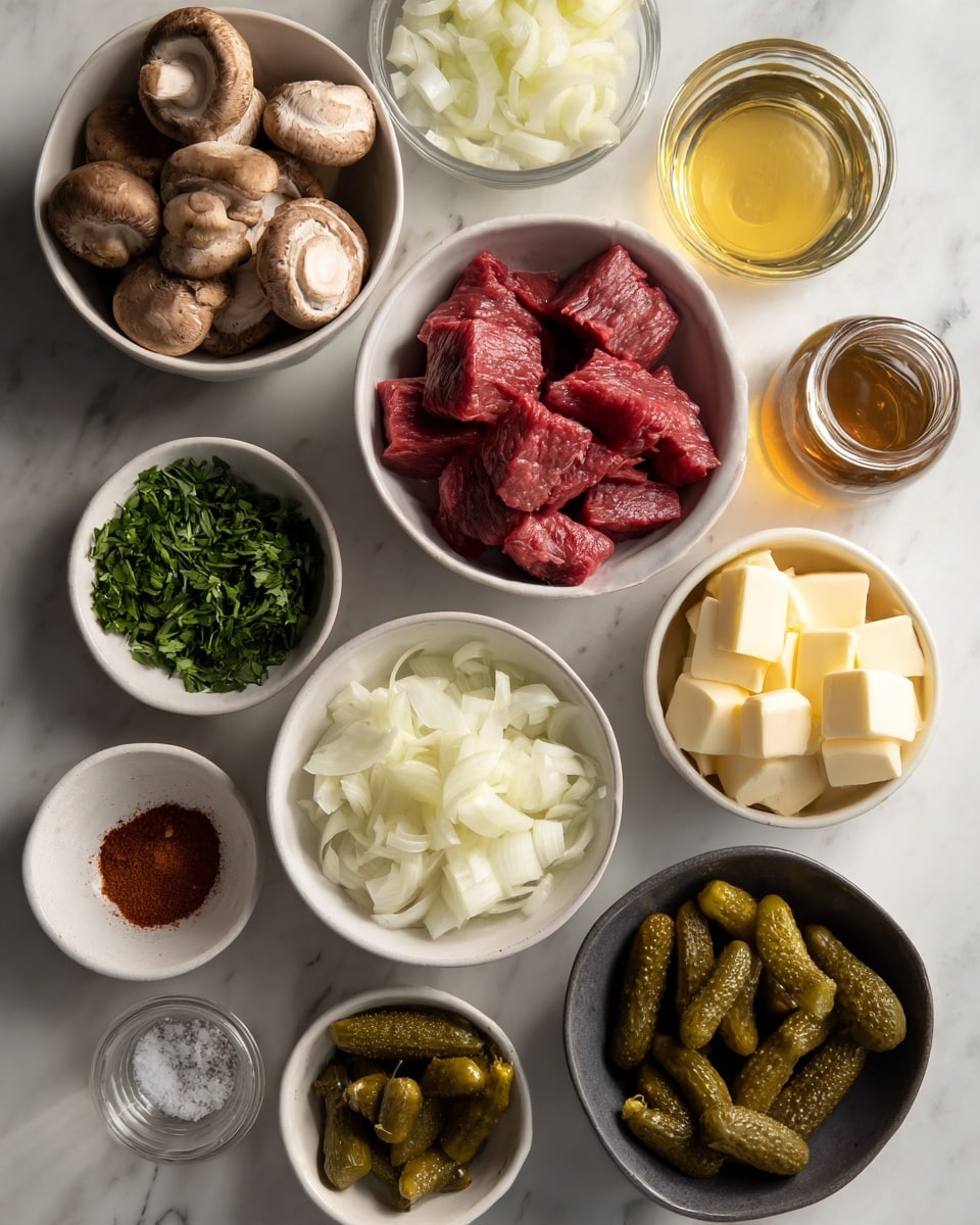 The image shows a top view of several white bowls placed on a white marbled surface. One bowl contains raw red beef pieces with a slightly shiny texture, while another has whole brown mushrooms. There is a bowl with chopped fresh green herbs, another with thinly sliced white onions, and one bowl holding thick pale yellow chunks of butter. Nearby, a small bowl with round green pickles and a dark bowl filled with a red powdery spice are arranged. A glass container with a clear golden liquid sits next to a small glass jar with a brown liquid. All items are neatly organized, showcasing their rich colors and textures. Photo taken with an iphone --ar 4:5 --v 7