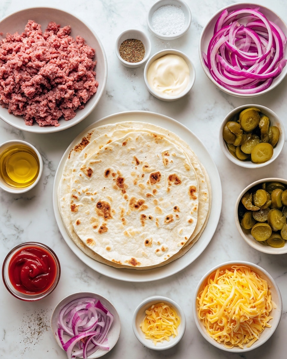 The image shows a white plate holding a soft tortilla on a white marbled surface. Around the plate, there are small white bowls with different colorful ingredients arranged neatly: one bowl has raw ground meat in a reddish-pink shade, another has thinly sliced purple onions, one with bright yellow shredded cheese, and another with green round pickle slices. Small white bowls and containers hold different sauces and condiments in red, yellow, and creamy white colors. There are also tiny white bowls of salt and pepper near the top left. The colors are vibrant, and all ingredients are carefully placed to show their textures clearly. Photo taken with an iphone --ar 4:5 --v 7