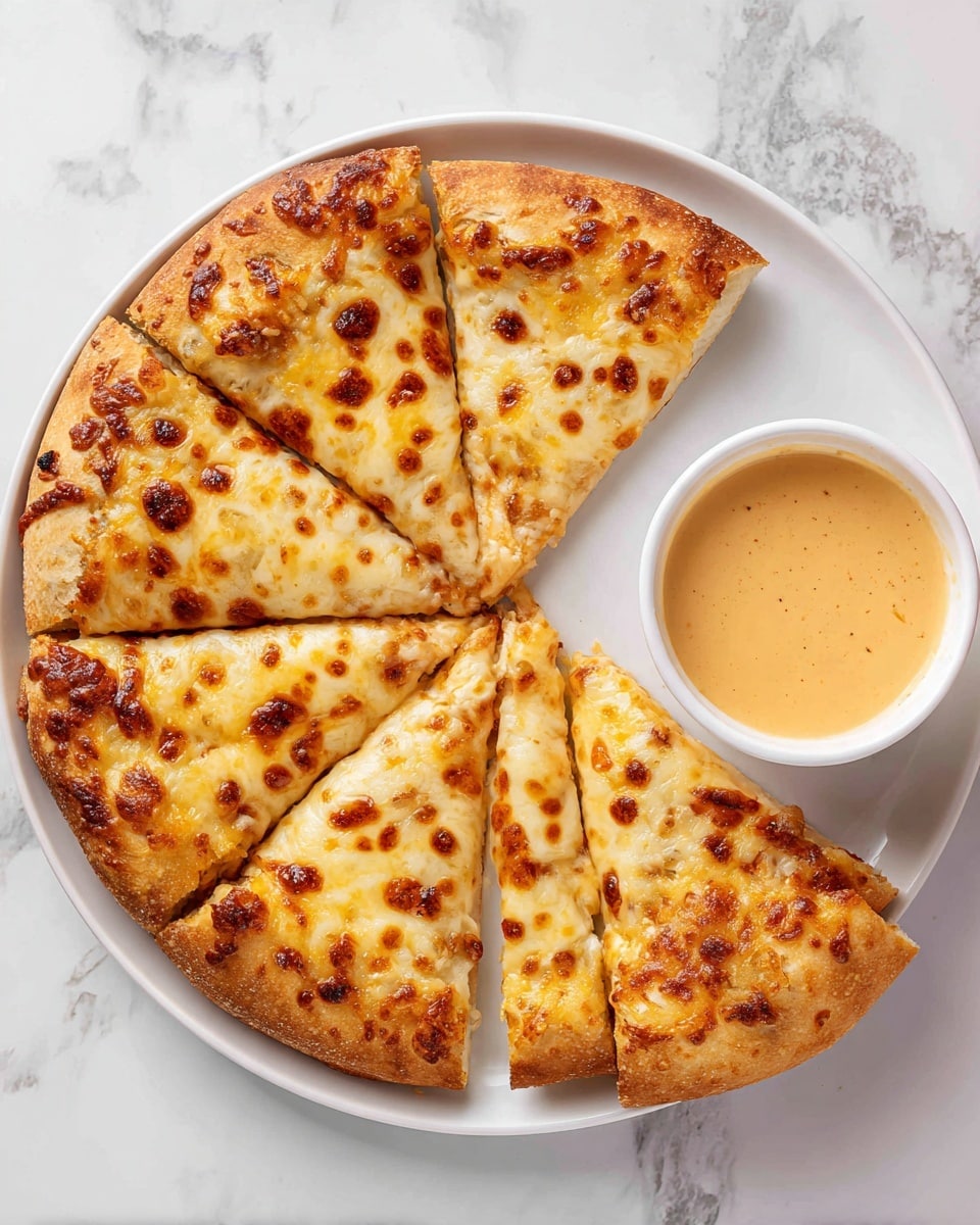 A round pizza sliced into six pieces sits on a white plate, each piece showing a golden-brown crust topped with melted cheese and scattered browned spots for a slightly crispy texture. To the right of the pizza, there is a small white bowl filled with a creamy, light orange sauce. One slice of the pizza is slightly pulled away from the rest, ready to be served. The background surface is a white marbled texture. photo taken with an iphone --ar 4:5 --v 7