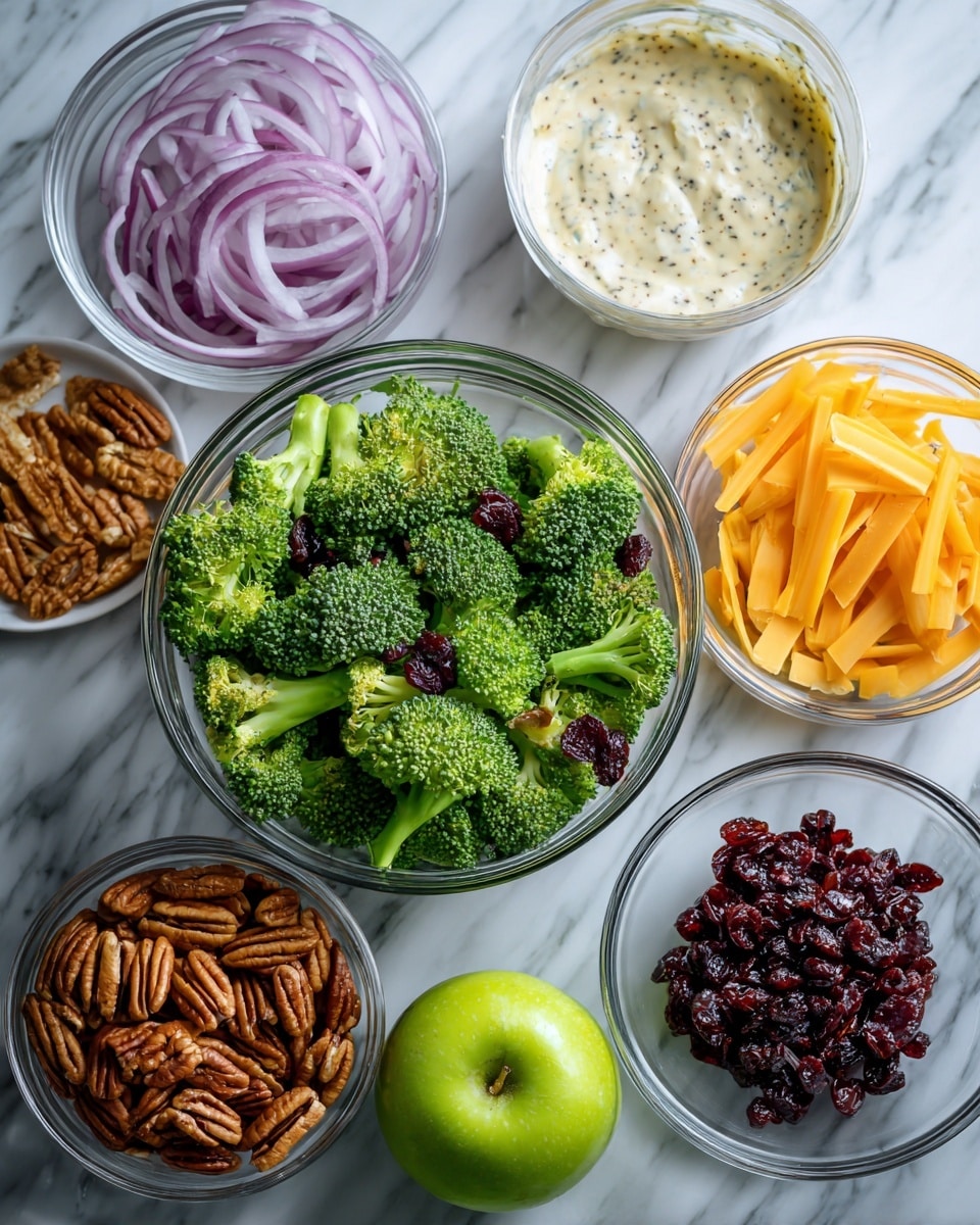 The image shows seven clear glass bowls and one green apple on a white marbled surface. The largest bowl in the center holds green broccoli florets with some dark red dried cranberries mixed in. Surrounding it are smaller bowls: top left contains sliced purple onions, top middle shows a creamy dressing with black specks, top right has thin, orange cheddar cheese slices. Bottom left bowl is filled with whole pecan nuts, bottom right contains dark red dried cranberries, and middle right holds fewer pecans. A bright green apple is placed near the top center. The scene is bright and fresh with all items neatly arranged. photo taken with an iphone --ar 4:5 --v 7