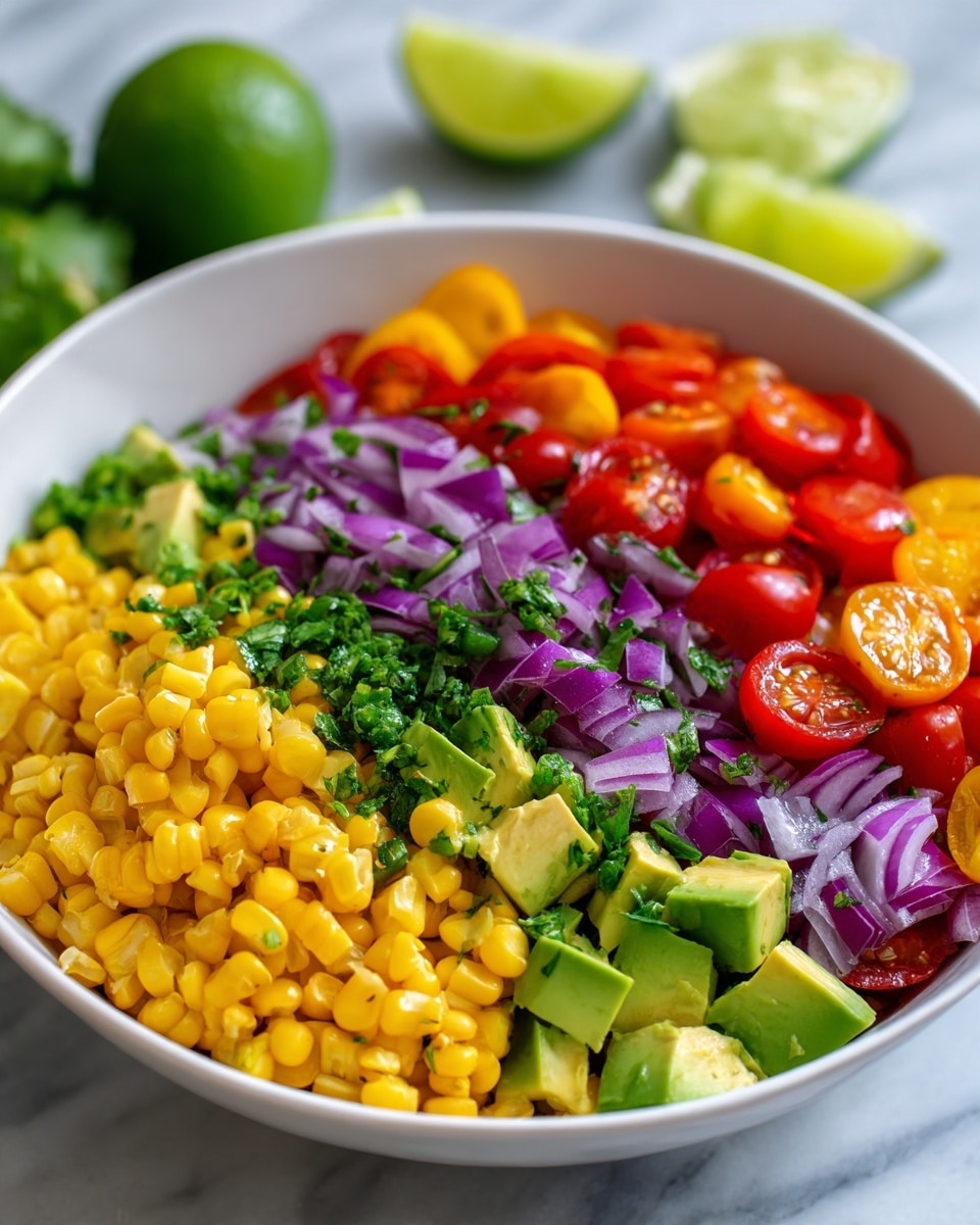 A white bowl filled with five colorful layers: bright yellow corn pieces on the right, green avocado slices on the bottom left, chopped green herbs in the center, bright red quartered cherry tomatoes at the top right, and thinly sliced purple onions at the top left, all arranged neatly on a white marbled surface with some lime halves blurred in the background photo taken with an iphone --ar 4:5 --v 7