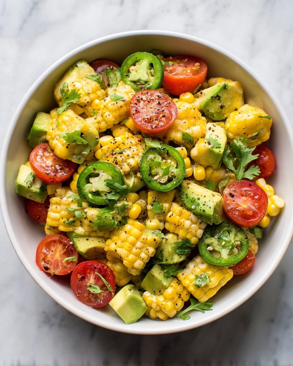 A white bowl filled with a colorful salad made of bright yellow corn pieces cut into small rounds, red cherry tomato halves scattered throughout, and small green avocado cubes. Thin round slices of green jalapeño peppers add contrast, with small green cilantro leaves placed on top. The salad is lightly sprinkled with black pepper, all sitting on a white marbled surface. photo taken with an iphone --ar 4:5 --v 7