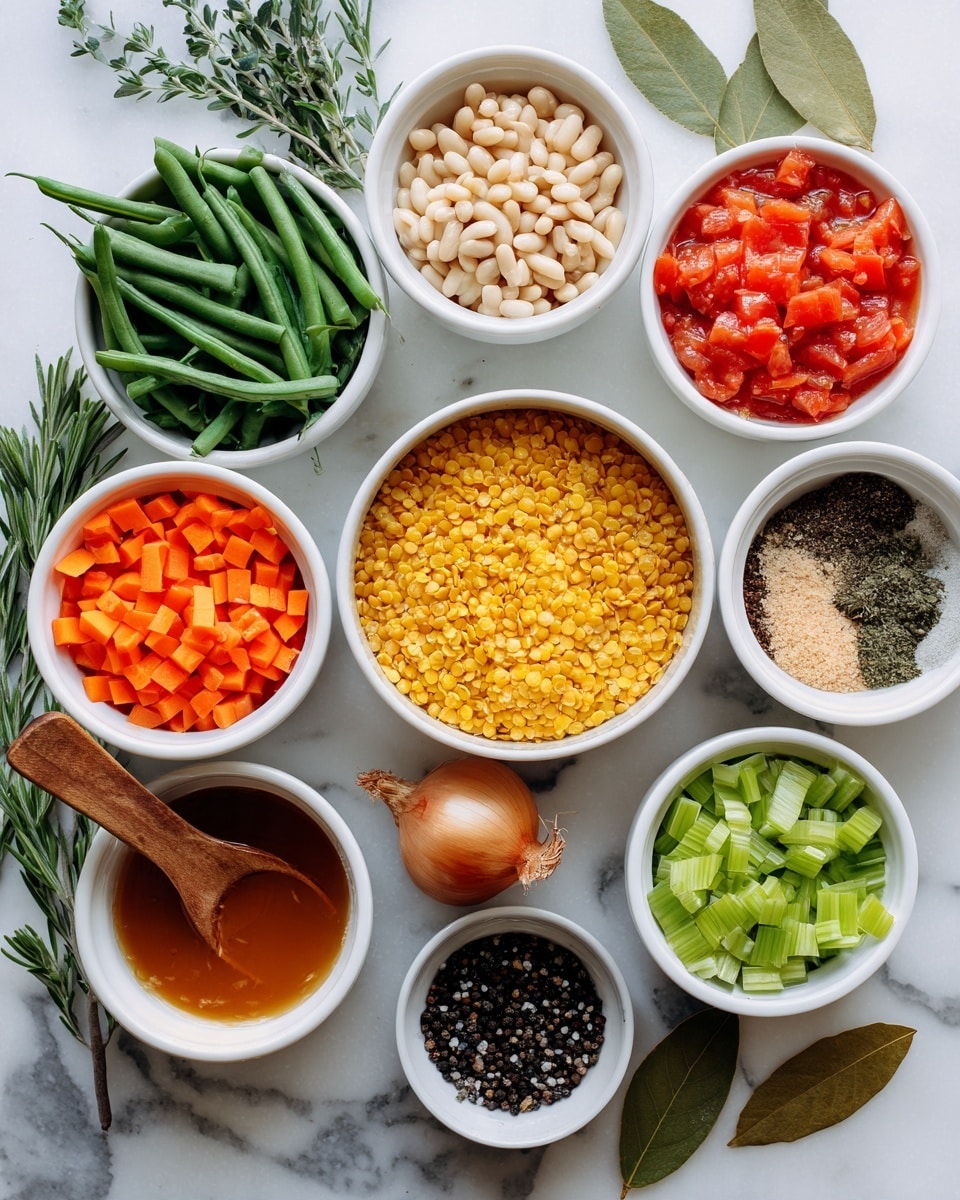 This image shows nine white bowls arranged on a white marbled surface, each bowl containing a different ingredient. In the center is a bowl filled with yellow lentils and a wooden spoon. Surrounding it are bowls of white beans, chopped orange carrots, chopped tomatoes, and brown broth. Other bowls contain fresh green beans, chopped celery, black pepper, and salt. There are two bay leaves and a yellow onion placed near the bowls. Fresh green herbs can be seen on the left side of the image. The colors are bright and the textures range from smooth broth to rough lentils and soft vegetables. photo taken with an iphone --ar 4:5 --v 7