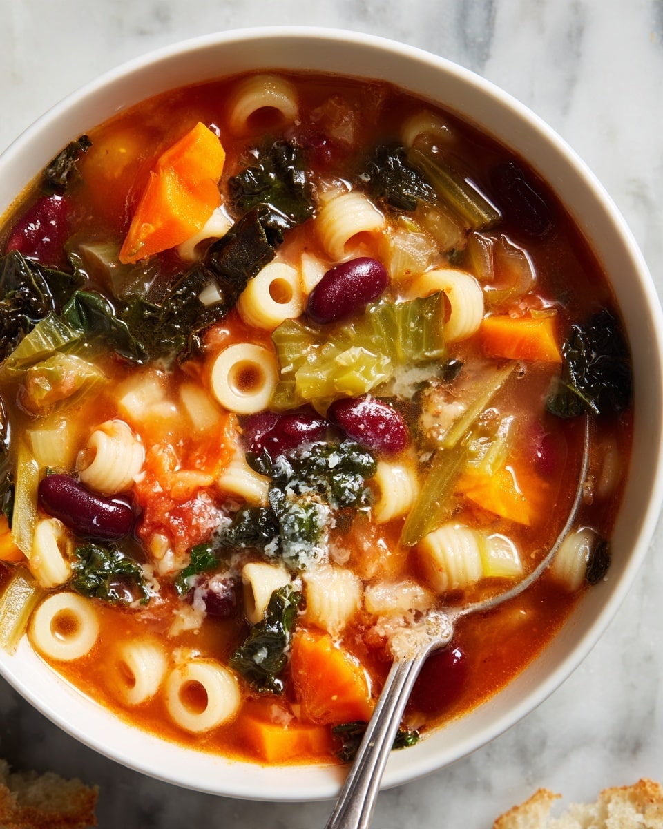 A close-up view of a white bowl filled with thick vegetable soup showing three main layers: the base layer is a reddish broth mixed with tomato pieces; the middle layer has small pale pasta rings floating throughout the soup; the top layer shows visible chunks of bright orange carrot slices, green celery, dark green leafy vegetables, and red kidney beans scattered evenly. A silver spoon is partially submerged on the left side of the bowl. The bowl sits on a surface with a white marbled texture and some bread pieces are partially visible around it. photo taken with an iphone --ar 4:5 --v 7