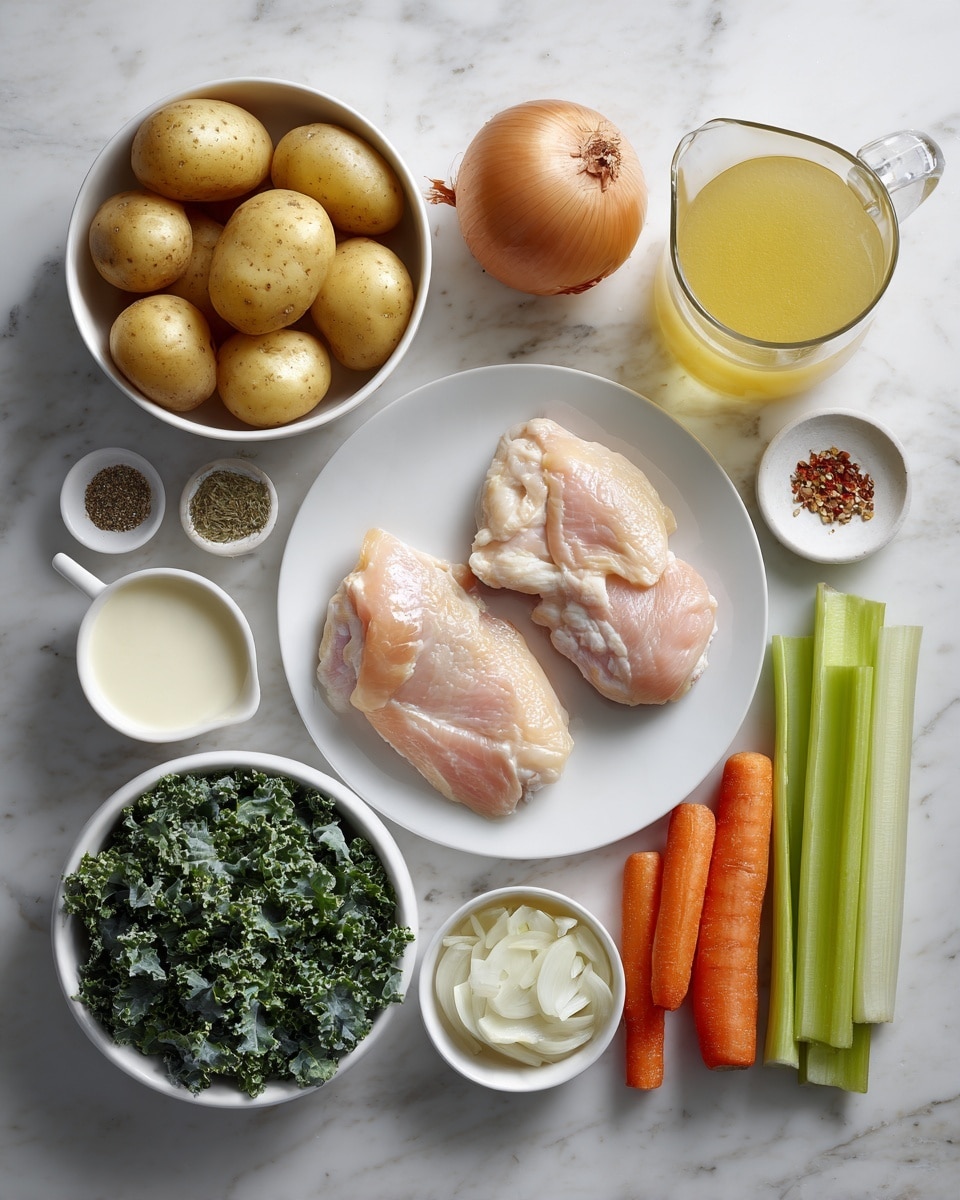 The image shows a white marbled surface with ingredients arranged neatly. There is a small white bowl filled with round, golden potatoes in the top left. Near the center, two pieces of light pink raw chicken are placed on a white plate. To the right of the chicken, there are small piles of salt, pepper, and other spices on a small white dish. Below the chicken, there is a white bowl filled with chopped green kale. To the left of the kale is a whole onion, and next to it is a small container of olive oil. Above the onion is a clear jug filled with light yellow broth. Next to the kale, there is a small white bowl with a mix of white cream and seasonings. On the right side of the surface, there are two orange carrots and two green celery sticks lying side by side. There is also a small pile of minced garlic in a white bowl near the celery. All ingredients are spaced out clearly on the white marbled surface. Photo taken with an iphone --ar 4:5 --v 7