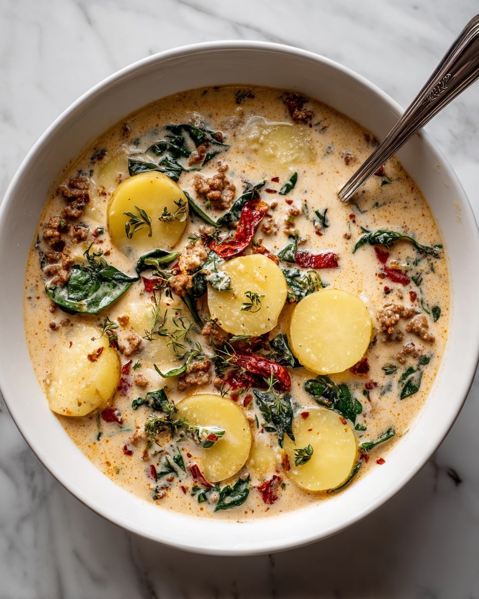 A white bowl filled with a creamy soup that has several thin yellow potato slices floating in it. The soup has a smooth pale beige base with visible small pieces of cooked ground meat and bits of red pepper scattered throughout. There are green leafy herbs mixed in, giving a fresh look. A silver spoon rests inside the bowl, partly submerged in the soup. The bowl sits on a white marbled surface. photo taken with an iphone --ar 4:5 --v 7