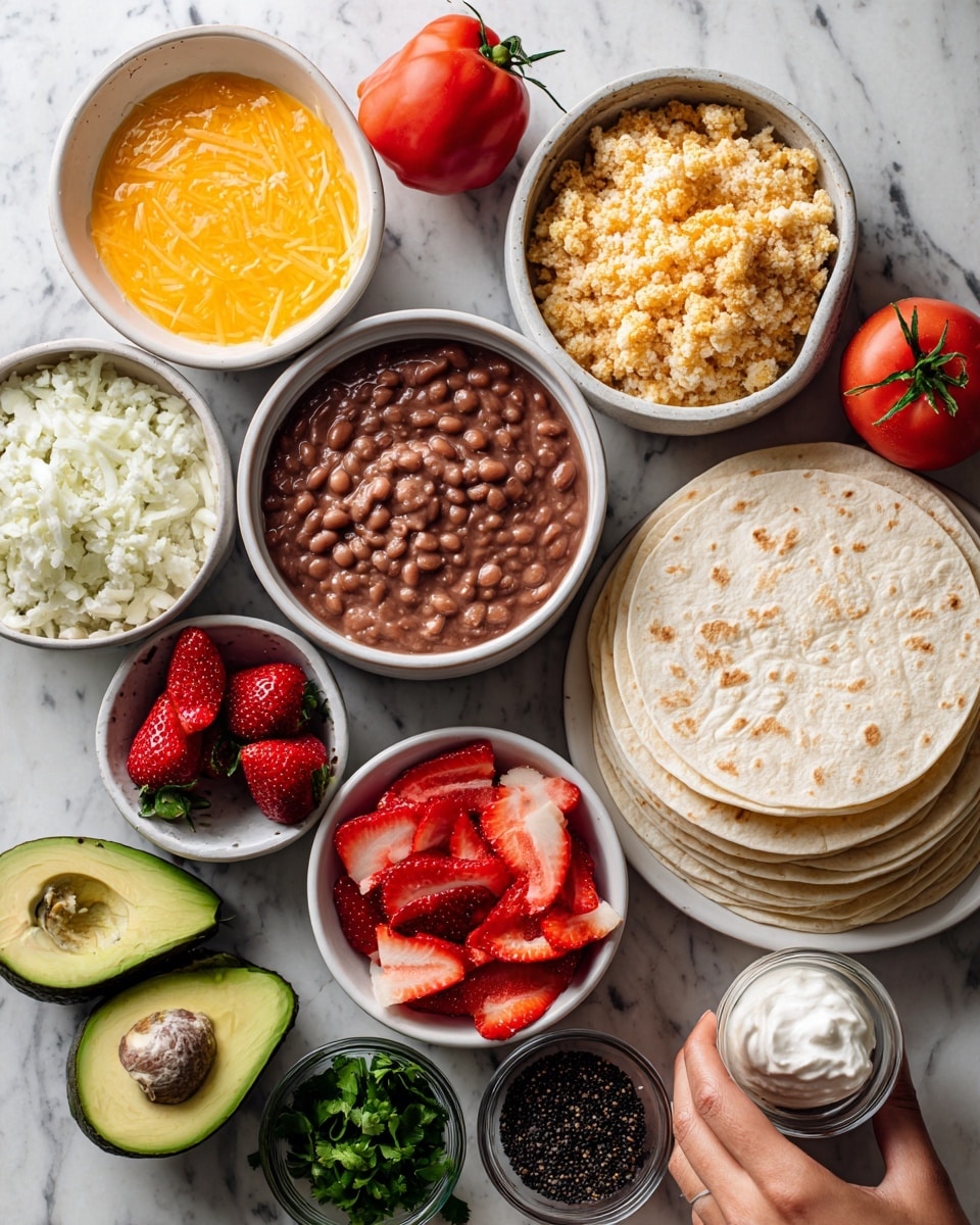 The image shows a white marbled surface with an assortment of ingredients neatly arranged in white bowls and plates. There are around eleven items, including a stack of soft, round white tortillas placed on the right, a bowl of smooth light brown refried beans below it, and a bowl of finely chopped white onions to the left of the beans. A bowl of beaten eggs with a bright yellow-orange color sits to the left of the onions. Above the eggs is a bowl of crumbly golden-brown cheese, while next to it is a small bowl of thinly sliced red strawberries with a small dollop of white cream beside them. A whole red tomato is placed in the center. There are avocado halves with a green creamy texture on the lower left side, and a small bowl of chopped green herbs nearby. A small glass bowl of black peppercorns and an empty glass bowl complete the arrangement. A woman’s hand is touching the edge of the avocados. The photo was taken with an iphone --ar 4:5 --v 7