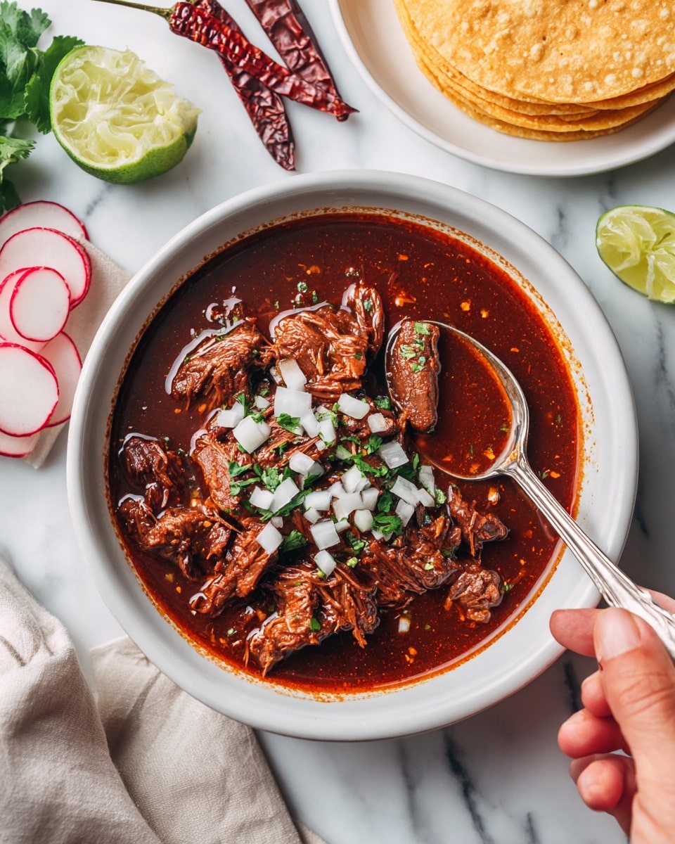 The image shows a white bowl filled with rich, dark red shredded meat stew with visible chunks of meat immersed in thick sauce. On top of the stew, there are small white diced onions and bright green chopped cilantro sprinkled evenly as garnish. To the side of the bowl, there is a wedge of light green lime, adding a fresh touch. Surrounding the bowl on the white marbled surface are thinly sliced white radish with pink edges, dried dark red chili peppers, and a white plate stacked with pale yellow corn tortillas. The colors are deep and vibrant, contrasting well with the clean white dish and background. Woman's hand is holding a spoon near the bowl ready to scoop. photo taken with an iphone --ar 4:5 --v 7