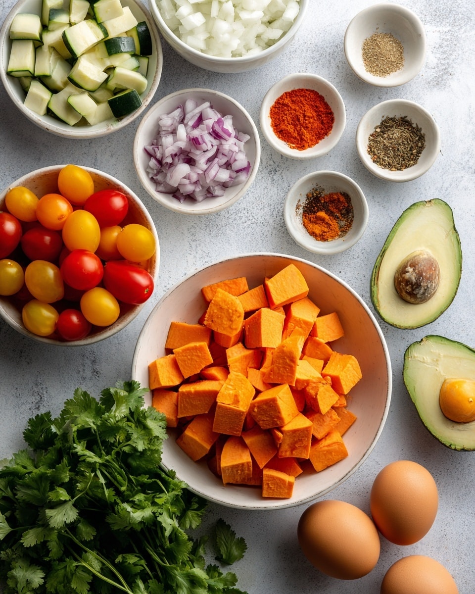 The image shows a white marbled surface with several small white bowls and items arranged neatly. In the largest bowl in the front, there are bright orange cubes of sweet potatoes. Next to it, a smaller white bowl holds a mix of red and yellow cherry tomatoes. Two brown eggs sit beside a bunch of fresh green cilantro leaves. In the background, a white bowl contains light green cubes of zucchini. Another small white bowl holds finely chopped red onion. Thirteen different spices in a white round bowl are arranged in small piles in the back. Two halves of a ripe avocado with dark green skin and creamy green flesh are placed near the bowls. A woman's hand is touching the edge of the large bowl with sweet potatoes. The whole scene looks fresh and colorful, with clear textures visible on the vegetables and spices. photo taken with an iphone --ar 4:5 --v 7