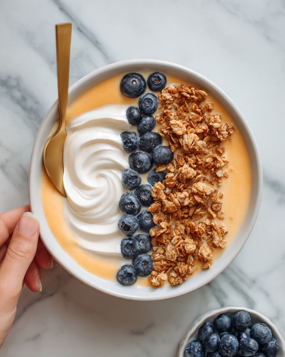 A white bowl filled with a smoothie or yogurt base of light orange color, topped with a row of small dark blueberries on the left side, then a layer of crunchy brown granola with clusters towards the center and right. On the upper left, there is a swirl of smooth white cream or yogurt. A gold spoon rests inside the bowl, with a woman's hand holding it from the top left. The bowl is placed on a white marbled surface with a small white bowl of blueberries blurred in the front right corner. photo taken with an iphone --ar 4:5 --v 7
