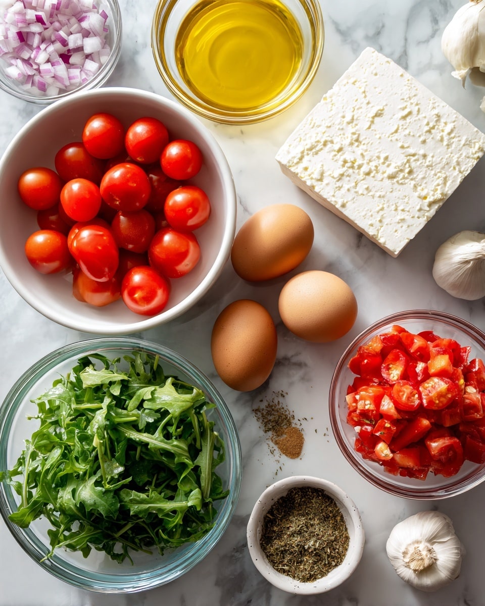 The image shows several small white bowls and a glass bowl arranged on a white marbled surface. One bowl is filled with small bright red cherry tomatoes, another holds whole brown eggs, and a third contains clear yellow olive oil. There is a block of white feta cheese, a pile of fresh green arugula leaves in a glass bowl, a small bowl with chopped red onion, and another with diced bright red tomatoes. Additionally, a small white bowl contains mixed dried herbs and spices, and a few peeled garlic cloves are placed nearby. The colors are vibrant with the reds, greens, whites, and yellows contrasting nicely. Photo taken with an iphone --ar 4:5 --v 7