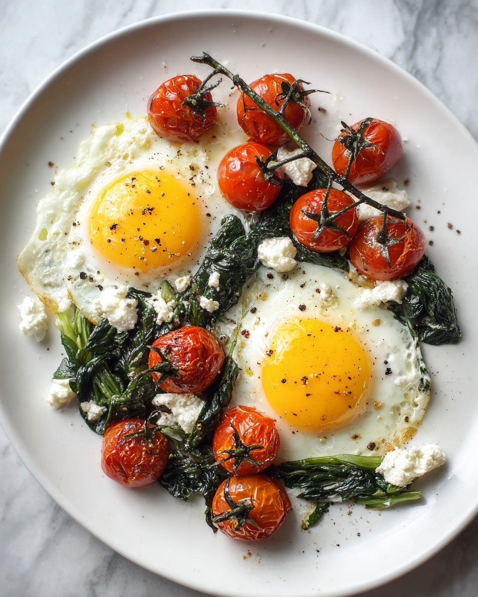 The image shows a white plate with two sunny-side-up eggs with bright yellow yolks positioned slightly to the right. On top of and around the eggs are roasted cherry tomatoes on their green stems, adding a vibrant red color. Scattered across the plate are cooked spinach leaves and chunks of soft white cheese mixed together, creating a creamy texture with green and white colors blending. Black pepper is sprinkled lightly over the entire dish. The background is a white marbled surface. photo taken with an iphone --ar 4:5 --v 7