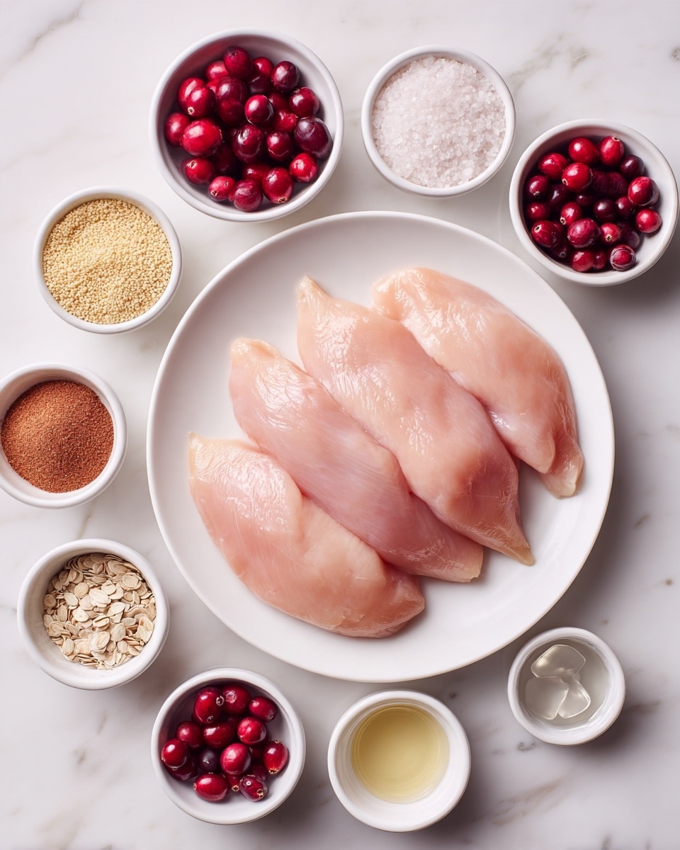 The image shows a white plate in the center with four raw, pale pink chicken fillets stacked slightly overlapping. Around the plate, there are twelve small white bowls, each holding different ingredients: some red fresh cranberries, brown and beige powders, light yellow seeds, white coarse pieces, and clear liquids. All items are placed on a white marbled surface, arranged in a neat circle around the main plate, creating a clean and organized look. Photo taken with an iphone --ar 4:5 --v 7