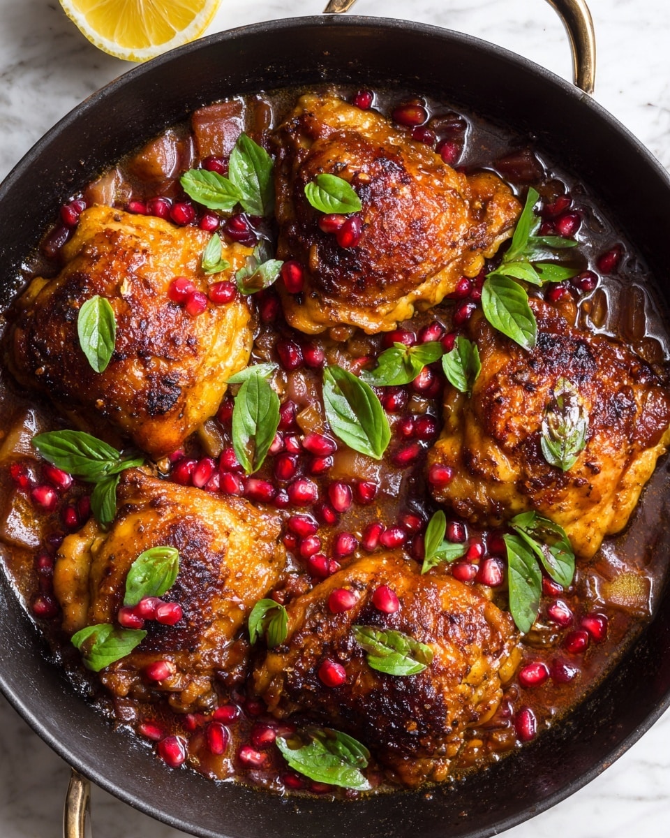 A black cast iron pan holds four pieces of golden brown, crispy chicken thighs placed on top of a sauce layer that is a mix of chunky, reddish-brown onion stew with bright red pomegranate seeds scattered throughout. Fresh green basil leaves are sprinkled over the chicken and sauce, adding a fresh contrast. In the top corner of the image, a halved, squeezed lemon is visible on a white marbled surface. The photo is taken in natural light, showing the rich textures and colors clearly. Photo taken with an iphone --ar 4:5 --v 7