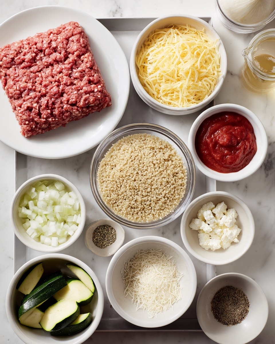 A black tray holds multiple small white bowls and plates arranged neatly on a white marbled surface. In the top left, a large square layer of raw ground meat with a reddish color sits on a white plate. Beside it to the right, there's a white bowl filled with light yellow shredded cheese. Below, a clear glass bowl filled with cooked light brown quinoa stands in the middle. Surrounding these, smaller white bowls contain different ingredients: diced white onions in a patterned white bowl, white cottage cheese, grayish salt and black pepper mixed seasoning, white shredded Parmesan cheese, some red tomato sauce in a small clear measuring cup, and a small bowl with mixed dry herbs and spices. In the bottom left corner, a white bowl holds green zucchini slices. photo taken with an iphone --ar 4:5 --v 7