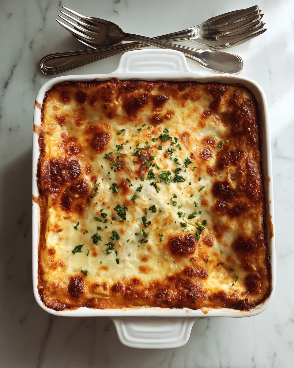 A white square baking dish filled with a baked lasagna, showing a golden brown bubbly cheese top with a few slightly darker browned spots. The cheese layer covers the whole surface with some green herbs lightly sprinkled on top. The dish sits on a white marbled surface with two silver forks placed above it. Photo taken with an iphone --ar 4:5 --v 7