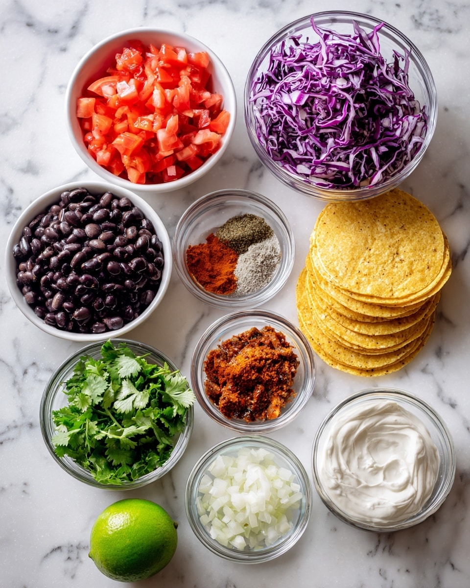 The image shows an overhead view of several small white bowls and clear glass bowls arranged on a white marbled surface. There are diced red tomatoes in one white bowl at the top, shredded purple cabbage in another white bowl on the left, black beans in a clear glass bowl in the middle, and finely chopped white onions in a white bowl at the lower left. Fresh green cilantro leaves fill another white bowl near the bottom. Two clear glass bowls hold taco seasoning spices in three separate piles and a reddish-brown cooked mixture. A small clear glass bowl containing white creamy sauce sits at the bottom right. To the far right, there is a stack of six yellow corn tortillas, and next to them is a fresh whole lime. All items are neatly placed with a clean and fresh look. Photo taken with an iphone --ar 4:5 --v 7