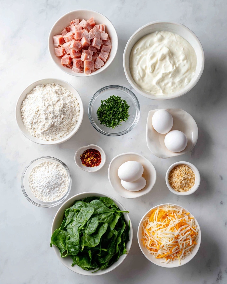 The image shows nine white bowls and a small clear bowl arranged on a white marbled surface. The largest white bowl at the top left holds pale pink ham cubes. To its right, a medium white bowl contains chopped green herbs. Below these, a large white bowl is filled with thick, white yogurt or sour cream. Next to it is a small white bowl with white powder, likely baking powder. On the bottom left, a white bowl holds a pile of flour. In the center left, a small clear bowl holds three white eggs. To the right of this, a tiny white bowl contains a mix of red chili flakes, salt, and other spices. Below this is a small white bowl with light brown breadcrumbs. On the bottom right, a large white bowl has shredded orange and white cheese. Finally, in front and slightly left, another large white bowl is filled with chopped fresh green spinach leaves. The clean and minimal setup emphasizes the colors and textures of the ingredients. Photo taken with an iphone --ar 4:5 --v 7