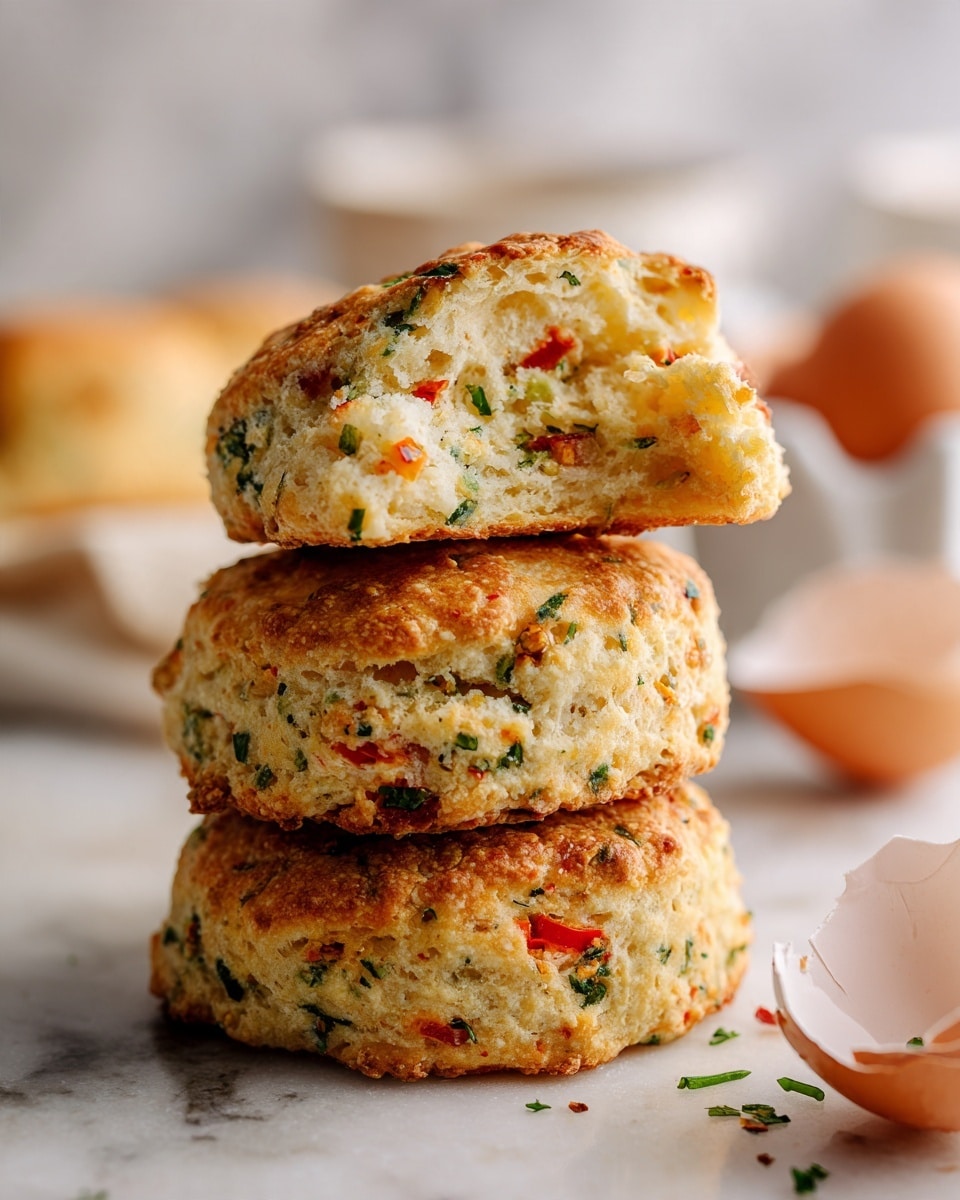 The image shows a stack of three round, thick biscuits on a white marbled surface. Each biscuit has a rough, uneven texture with a golden-brown crust on the outside and a lighter, fluffy inside. Small pieces of green herbs and red peppers are visible inside and on the surface of the biscuits, giving a colorful touch. The top biscuit is split in half and placed slightly tilted on the second biscuit to reveal the soft, airy inside dotted with the same green and red bits. The background is softly blurred with some more biscuits and egg shells barely visible. Photo taken with an iphone --ar 4:5 --v 7