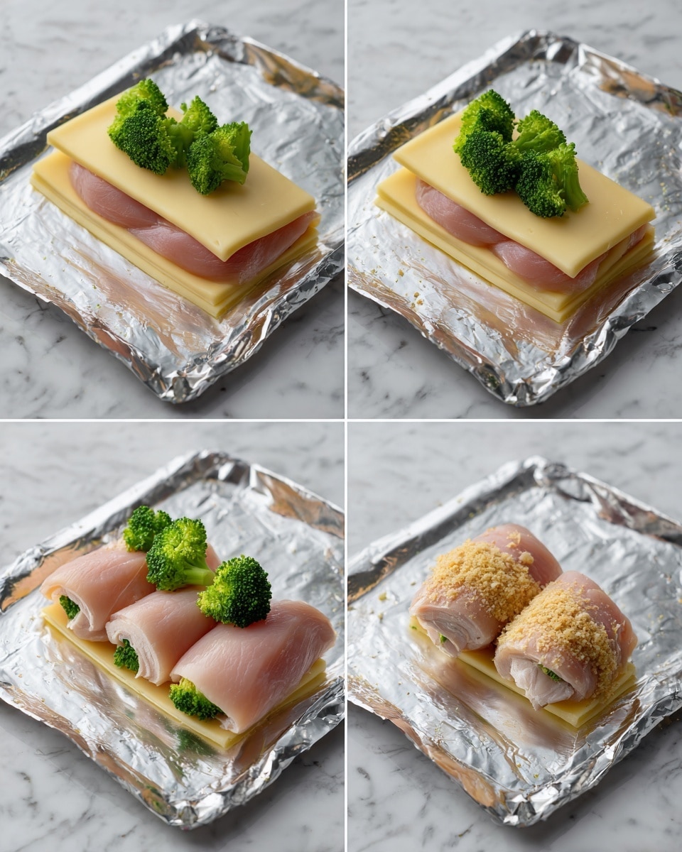 The images show a cooking process with four stages. In the first stage, thin slices of raw pink chicken are laid flat on a shiny aluminum foil surface, each topped with two folded layers of pale yellow cheese. The second stage adds a small bunch of bright green broccoli florets placed on top of the cheese layers. In the third stage, the chicken slices are wrapped around the cheese and broccoli, forming a small, tight roll with visible green broccoli tips poking out. The last stage shows these rolls covered with a light brown crumb coating placed on the foil, ready to cook. The background throughout is a white marbled texture. photo taken with an iphone --ar 4:5 --v 7