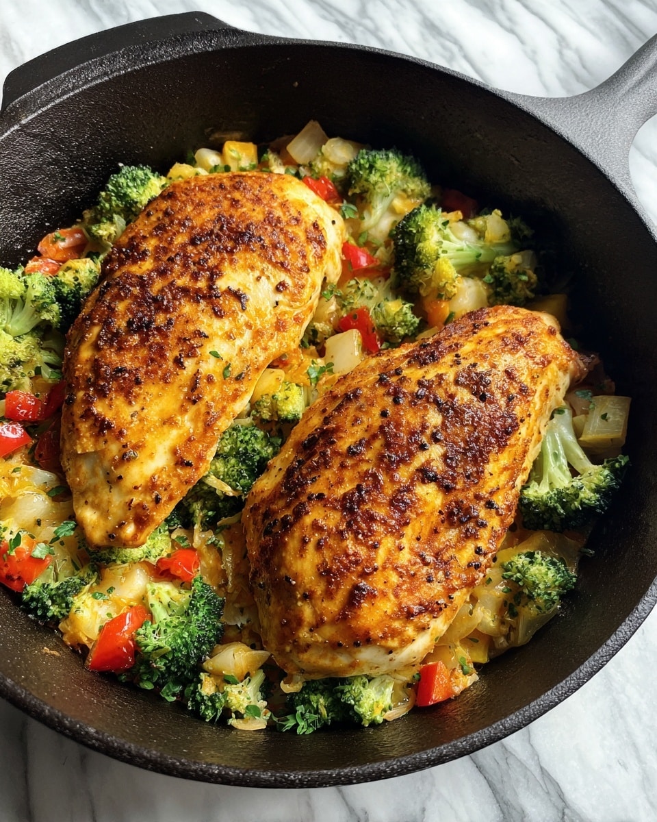 The image shows two golden brown cooked chicken pieces on top of mixed vegetables including chopped broccoli and red bell pepper bits, all inside a black cast iron pan. The chicken pieces have a crispy texture with specks of seasoning visible, and the vegetables beneath are colorful and creamy. The pan is placed on a white marbled surface. photo taken with an iphone --ar 4:5 --v 7