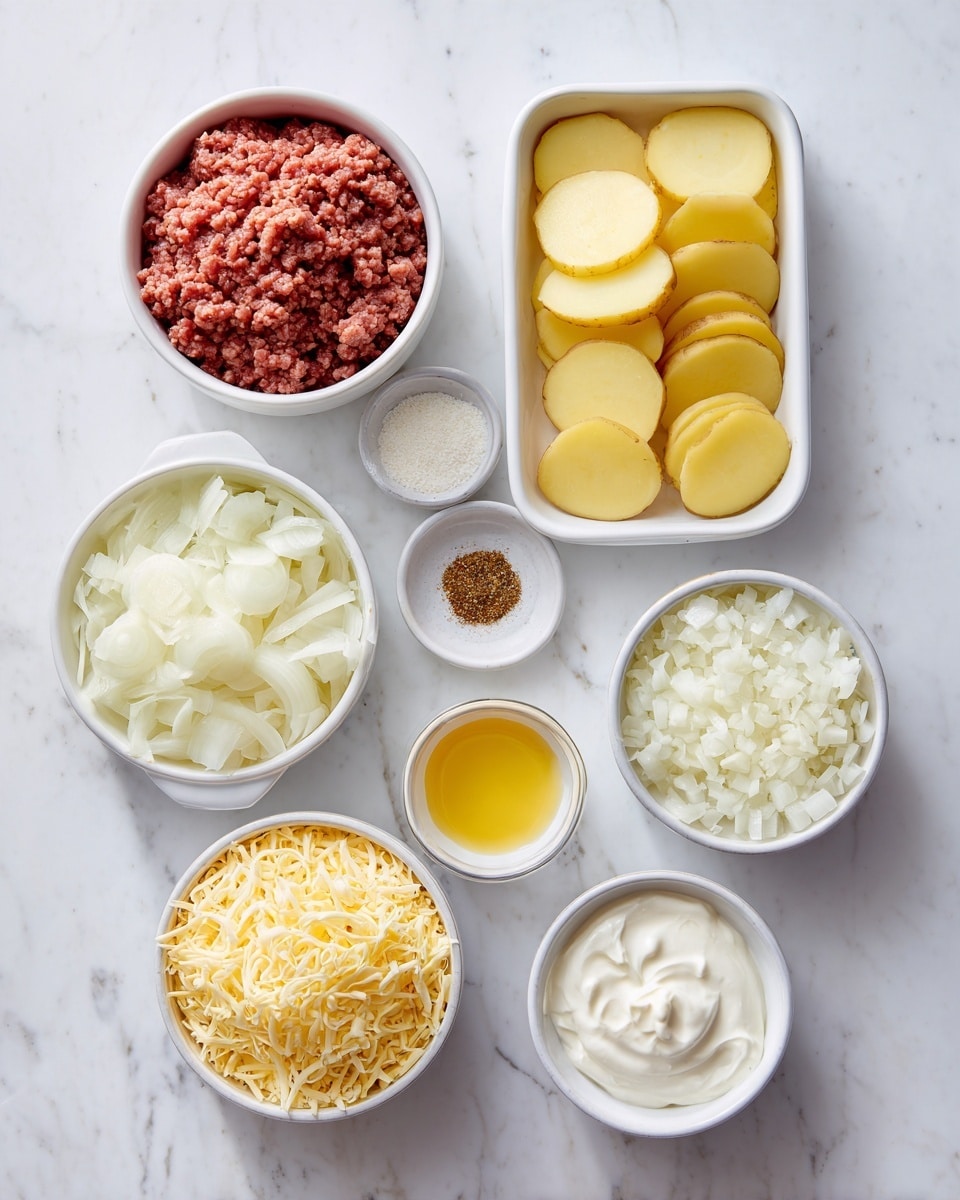 The image shows eight small white bowls and one rectangular white container arranged on a white marbled surface. Starting from the top left, there is a bowl filled with raw ground meat, followed by a rectangular container with evenly sliced yellow potatoes stacked flat. Below the meat is a bowl filled with finely chopped white onions, and next to it is a very small bowl with a small amount of brown spices. Below the spices is a small container with yellow liquid sauce. To the right of the yellow sauce is another small bowl containing white cream. At the bottom left, there is a bowl filled with shredded yellow cheese, and on its right are two more small bowls with thick white and light grey sauces or creams. The colors and textures in the image are clear and bright, with all bowls and containers set on a clean white marbled background. Photo taken with an iphone --ar 4:5 --v 7