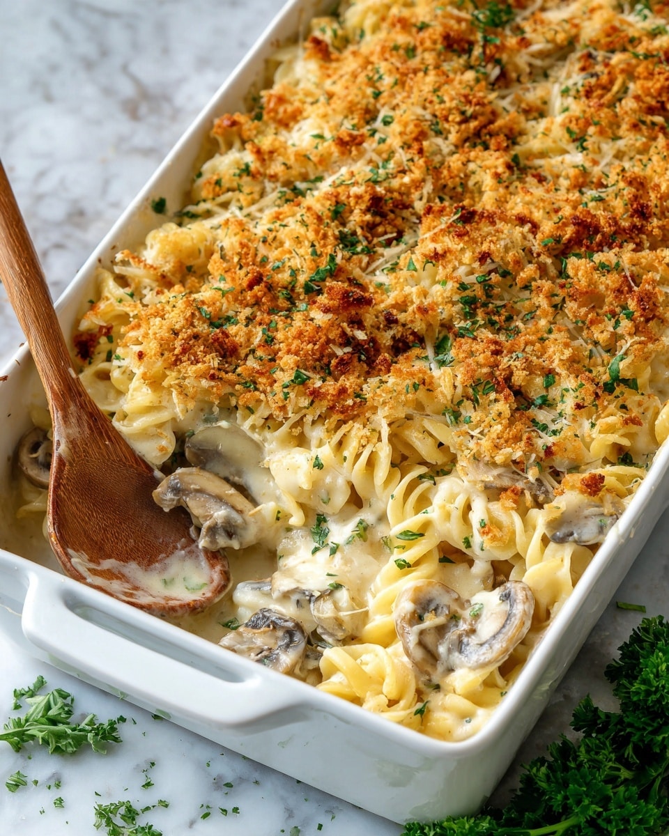 A white rectangular baking dish filled with a creamy pasta casserole that has three visible layers: the bottom layer is soft pasta coated in a light cream sauce with bits of mushrooms, the middle layer contains shredded cheese and small green herb pieces mixed in, and the top layer is covered in golden-brown crispy breadcrumbs with small finely chopped herbs scattered across. A wooden spoon is partly inside the dish, resting on the front edge. The background surface is a white marbled texture with a hint of green parsley visible on the bottom right corner. Photo taken with an iphone --ar 4:5 --v 7