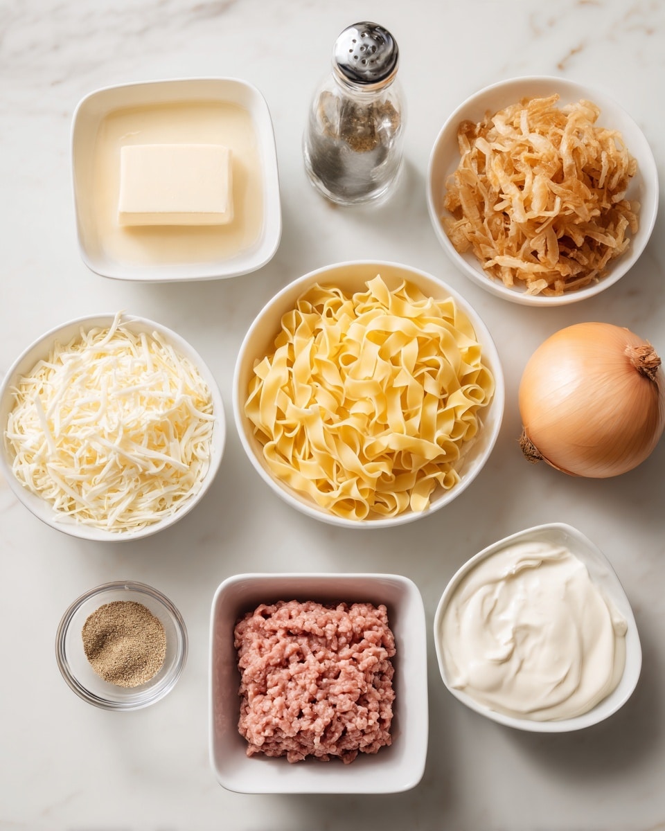 The image shows a white marbled surface with nine items arranged neatly: in the center is a white bowl filled with dry yellow egg noodles. To the bottom right is a white square bowl holding raw ground meat. To the right of the noodles is a whole yellow onion sitting directly on the surface. Above the onion is a white bowl filled with a creamy light yellow sauce. To the top right corner, a white bowl is full of crispy fried onions. To the top middle, a clear glass bottle contains black pepper. Just left of the bottle is a white butter dish with a rectangular block of butter. Below the butter is a small glass bowl with a brownish dry seasoning. To the bottom left is a white bowl with shredded white cheese. Finally, just above that is a white bowl with soft white cream cheese. All items are placed on a clean white marbled surface photo taken with an iphone --ar 4:5 --v 7