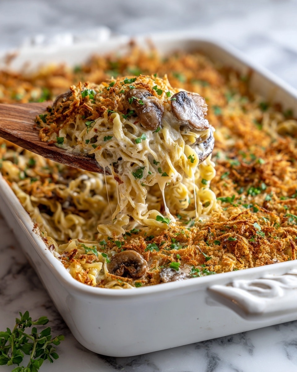 The image shows a white casserole dish filled with creamy noodle casserole. The top layer is golden brown and crispy, with small crunchy breadcrumbs mixed with chopped green herbs. Below the crust, there are soft noodles mixed with creamy sauce and small pieces of mushrooms and vegetables, all evenly layered. A wooden spoon lifts a portion of the casserole, showing the creamy and textured noodles inside. The dish is placed on a white marbled surface with a small green herb in the corner. Photo taken with an iphone --ar 4:5 --v 7