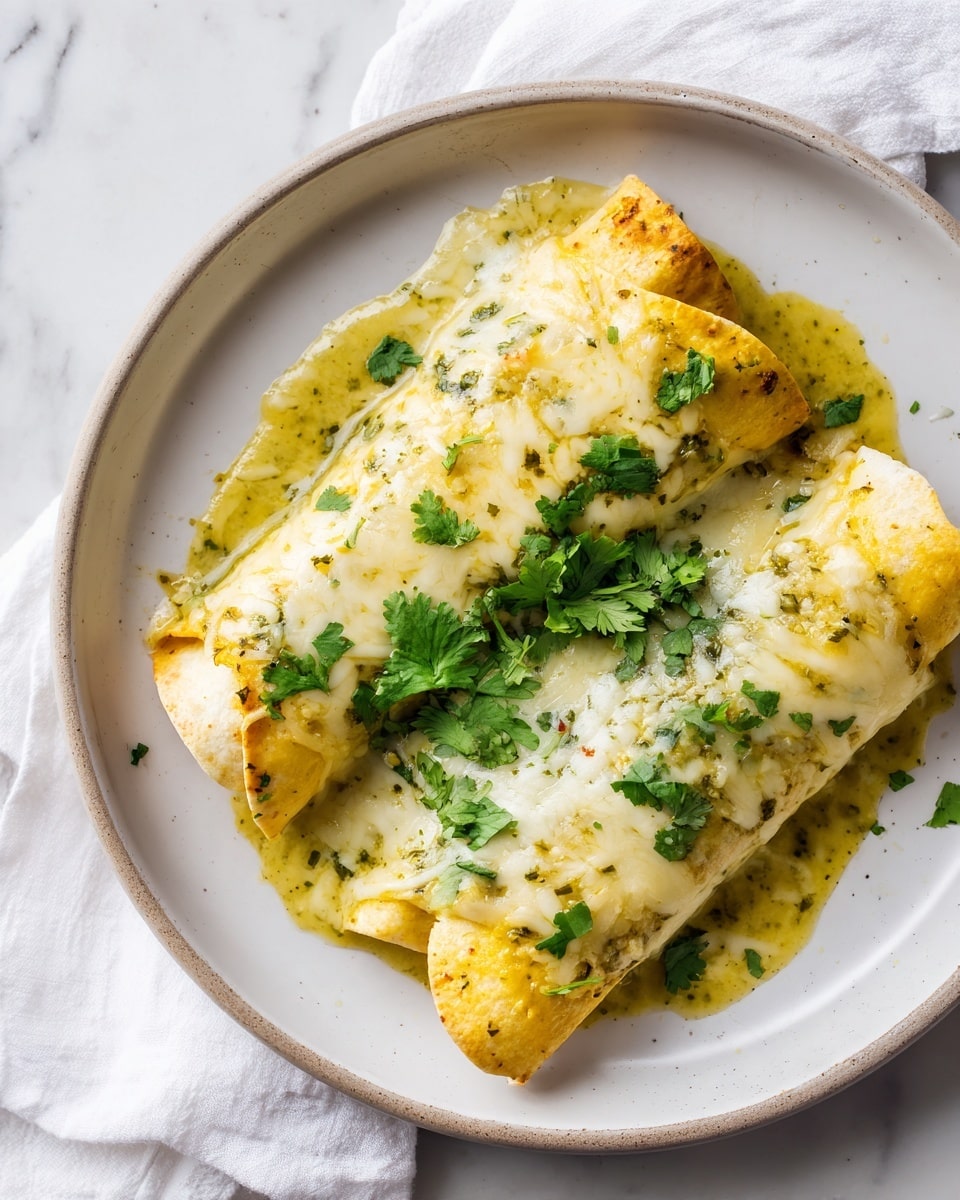 Two rolled enchiladas sit side by side on a smooth white plate with a slightly raised rim. The enchiladas are covered in a rich, shiny yellow-green sauce that pools slightly around the edges. On top, there is a layer of melted white cheese that stretches softly over the rolls, blending into the sauce. Scattered fresh green cilantro leaves add spots of bright color on the soft, saucy surface. The texture of the enchiladas looks tender and moist, with the cheese giving a creamy finish. The plate rests on a white marbled surface with a white cloth slightly visible in the background. photo taken with an iphone --ar 4:5 --v 7