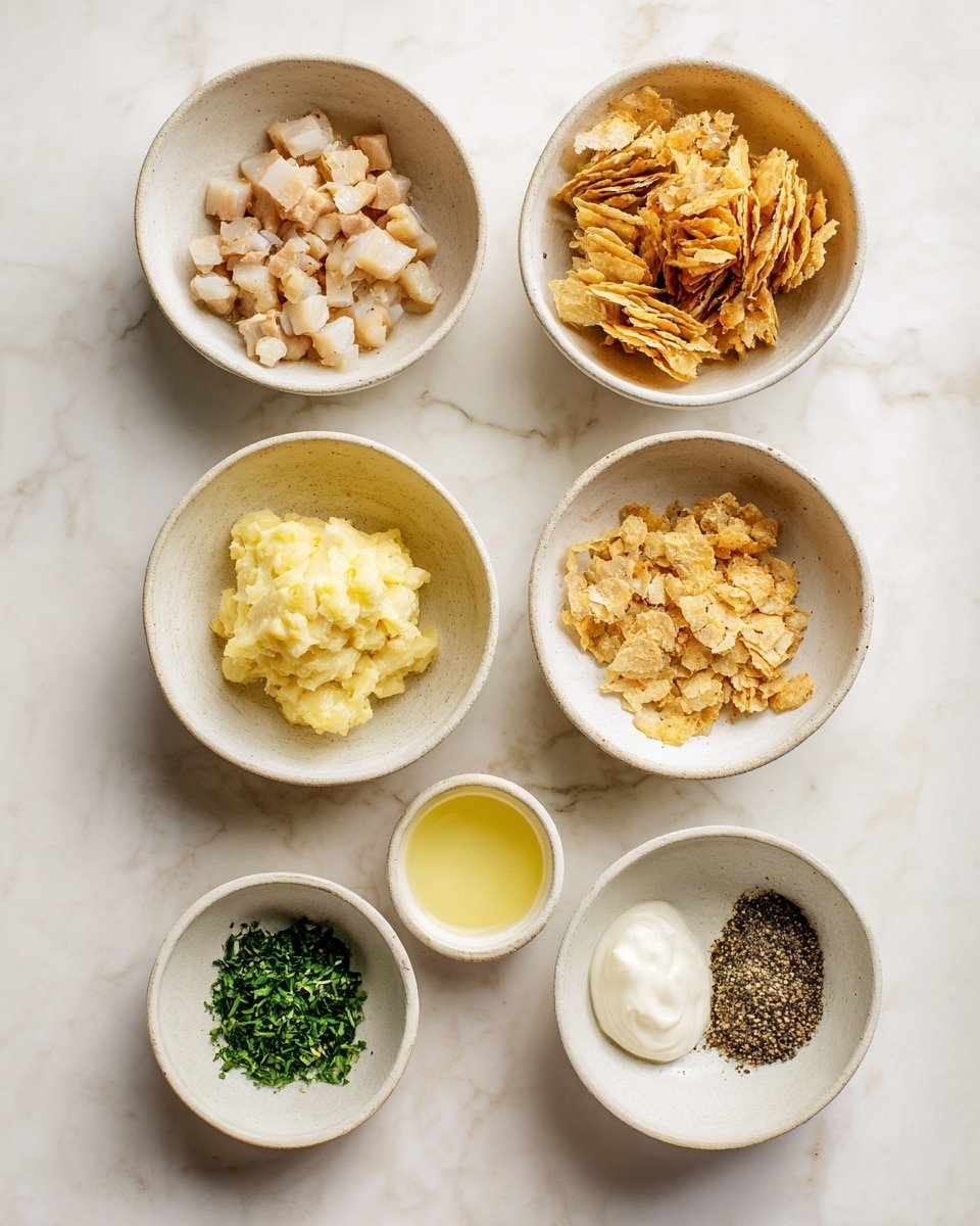 Seven small white bowls are arranged neatly on a white marbled surface. The top row has three bowls: the left bowl is filled with light beige diced meat pieces, the middle bowl holds a smooth, creamy yellow mixture with small beige chunks, and the right bowl contains crushed crispy light golden crackers. Below, four smaller bowls are set in a row: the far left contains a pale yellow liquid, the next bowl has chopped green herbs, followed by a bowl of white soft cream, and finally, a small bowl with finely ground black pepper. Photo taken with an iphone --ar 4:5 --v 7