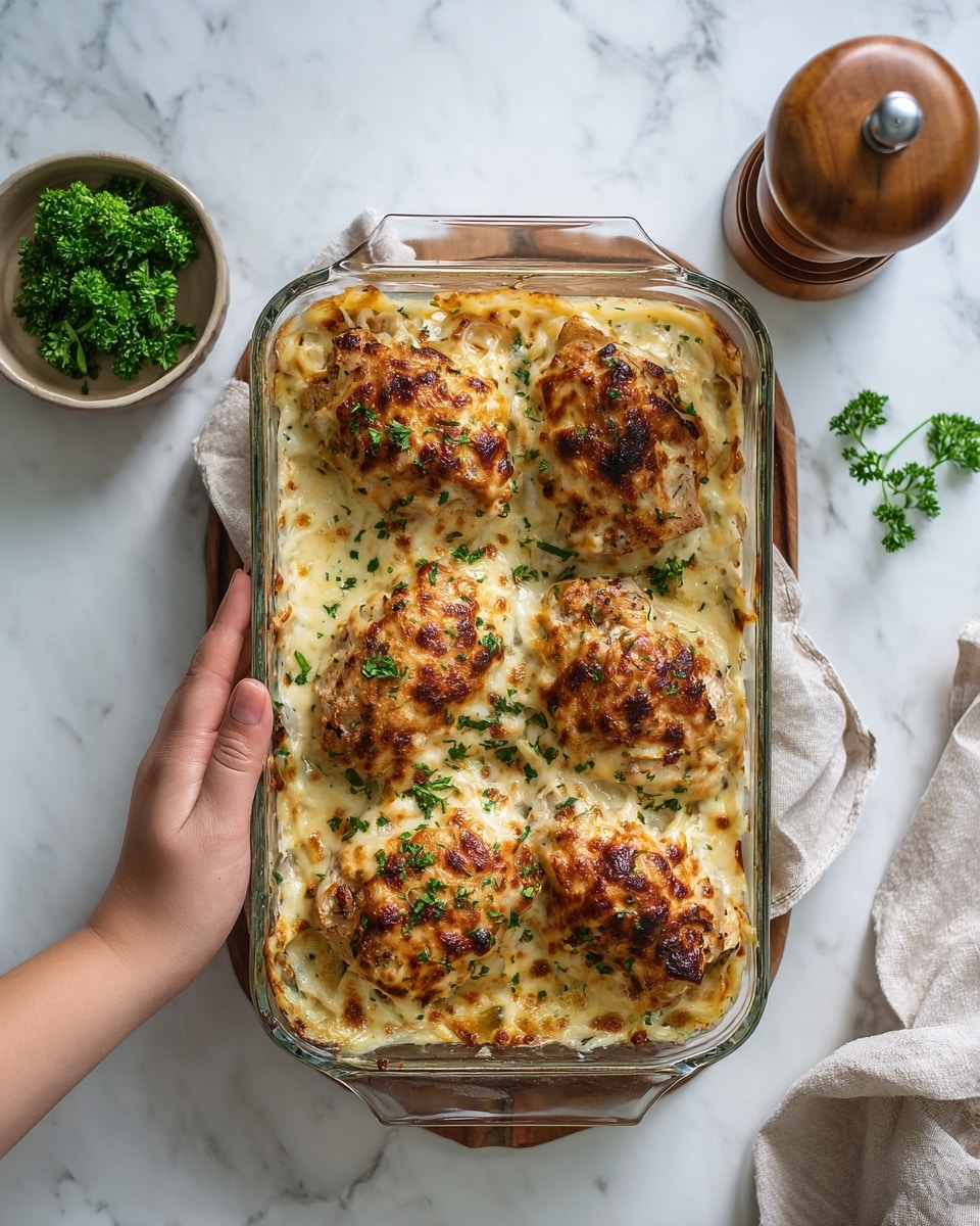 The image shows a rectangular glass dish filled with a creamy, baked dish. On top, there are four large pieces of browned chicken covered with a thick layer of cheese sauce that has melted and turned golden with some darker spots. Small green herbs are sprinkled on top, adding a touch of color. The dish sits on a white marbled surface, with a wooden pepper grinder and a small bowl of fresh parsley nearby. A woman's hand is holding the dish on one side. Photo taken with an iphone --ar 4:5 --v 7