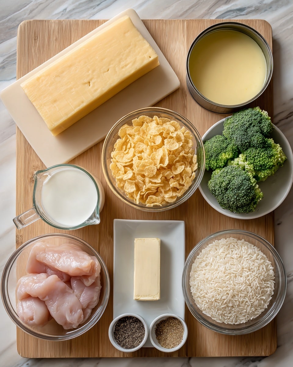 The image shows several ingredients laid out on a wooden surface with a white marbled texture in the background. Starting from the top, there is a rectangular block of yellow cheese on a beige cutting board. To the right of the cheese are two open cans filled with a smooth light yellow substance. Next to the cans is a clear glass measuring cup with yellow broth. Below that is a clear bowl filled with golden cornflakes. At the bottom right is a clear bowl filled with white rice grains. To the left of the rice is a white rectangular dish with a stick of pale butter. Above the butter is a clear glass measuring cup filled with white milk. To the left of the milk is a clear bowl with four raw pieces of pinkish chicken. Above the chicken is a clear bowl filled with green broccoli florets. At the bottom left corner is a small white bowl containing two piles of ground spices, black and beige photo taken with an iphone --ar 4:5 --v 7