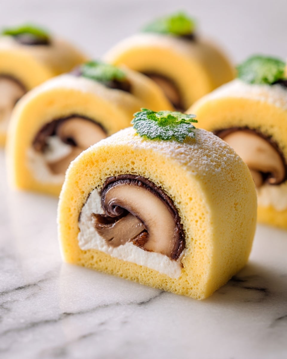 The image shows a row of round sushi rolls placed on a white marbled surface. Each sushi roll has a light yellow outer layer with a soft, slightly ridged texture. Inside, there is a white inner layer surrounding a dark brown slice of mushroom and a small green leaf, creating a neat contrast of colors. The rolls are arranged in a slightly staggered line, giving a clear view of the layers inside each piece. photo taken with an iphone --ar 4:5 --v 7