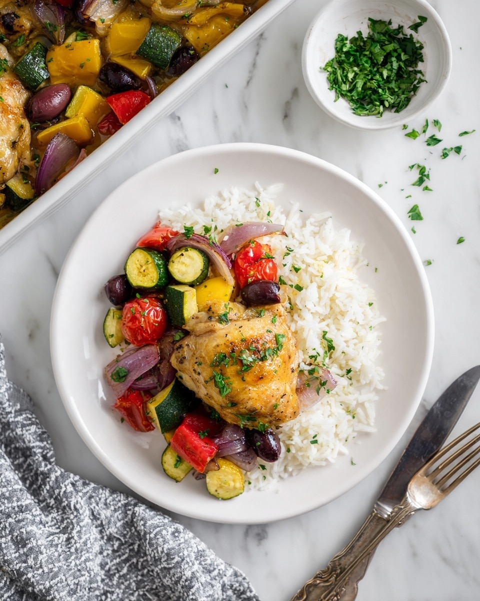 The image shows a white plate filled with a colorful meal that has three layers. The bottom layer is a bed of plain white rice covering about one-third of the plate on the right side. On the left side is a mix of roasted vegetables: yellow bell peppers, red cherry tomatoes, quartered zucchini with green skin and pale flesh, black olives, and thick slices of red onion with a purple color and shiny texture. The top layer is a golden-brown roasted chicken thigh placed in the center, slightly overlapping the veggies on the left and rice on the right. Light green chopped herbs are sprinkled over the chicken, vegetables, and rice for garnish. To the top left of the plate, part of a white baking dish shows more roasted chicken and vegetables. The surface beneath everything has a white marbled texture, and a knife and fork wrapped in a gray patterned cloth napkin are on the left side of the plate. A small white bowl with chopped green herbs sits to the top-right of the plate, with some herbs scattered nearby. Photo taken with an iphone --ar 4:5 --v 7